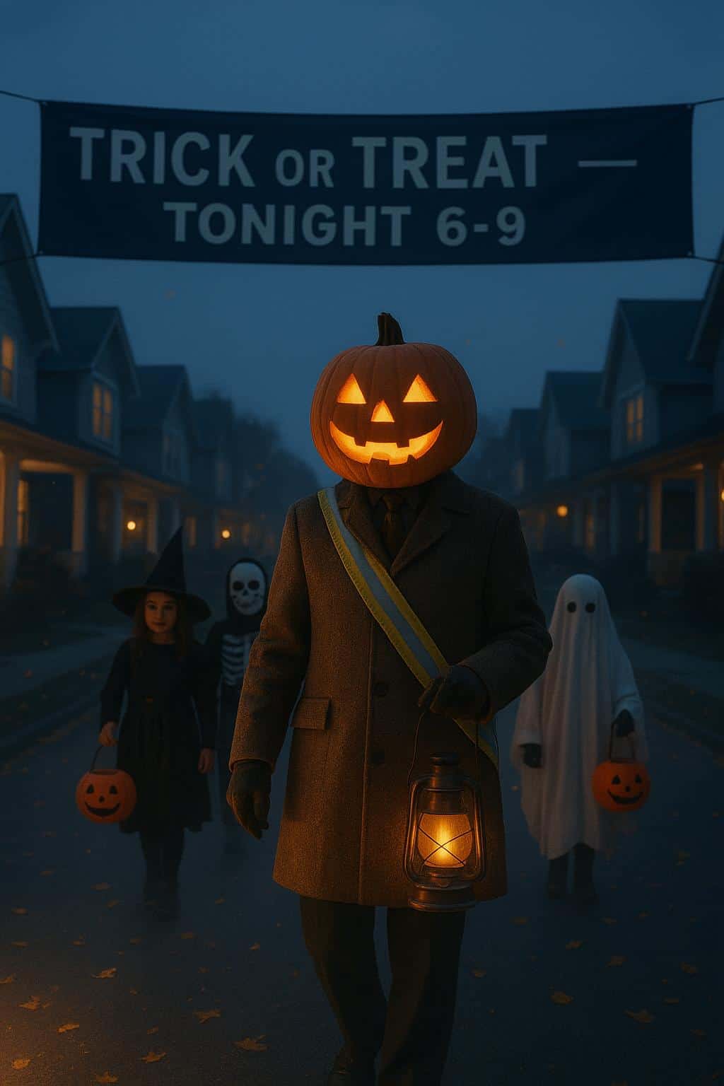 A pumpkin-head parade marshal leads a twilight neighborhood trick-or-treat procession with kids in classic costumes, glowing jack-o’-lantern grin, lantern raised, and a clean left banner space for headline.
