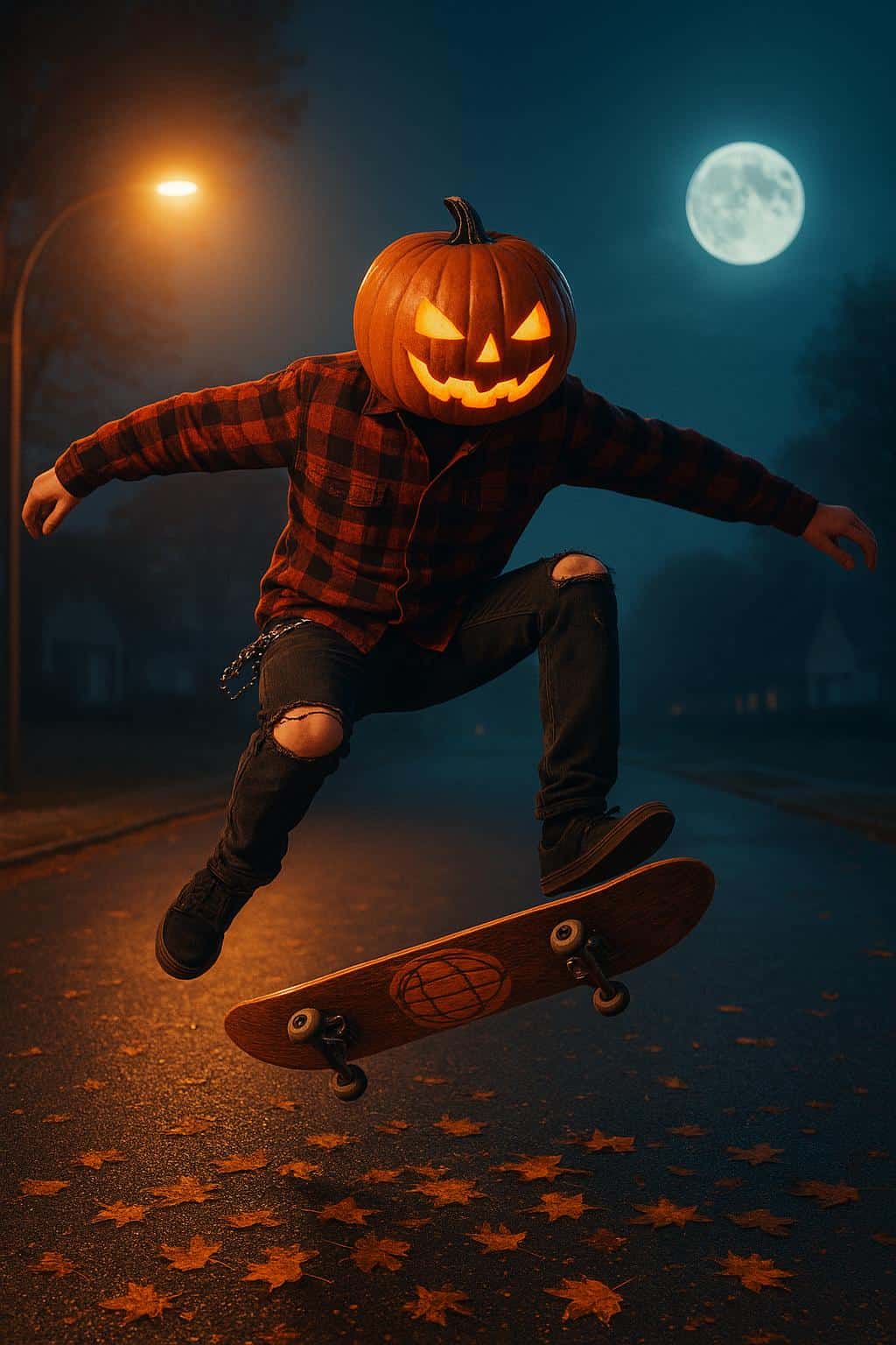 A pumpkin-head skater performs a mid-kickflip over fallen leaves on a quiet suburban cul-de-sac, playful and confident, with warm orange street glow and pale blue moon contrast.