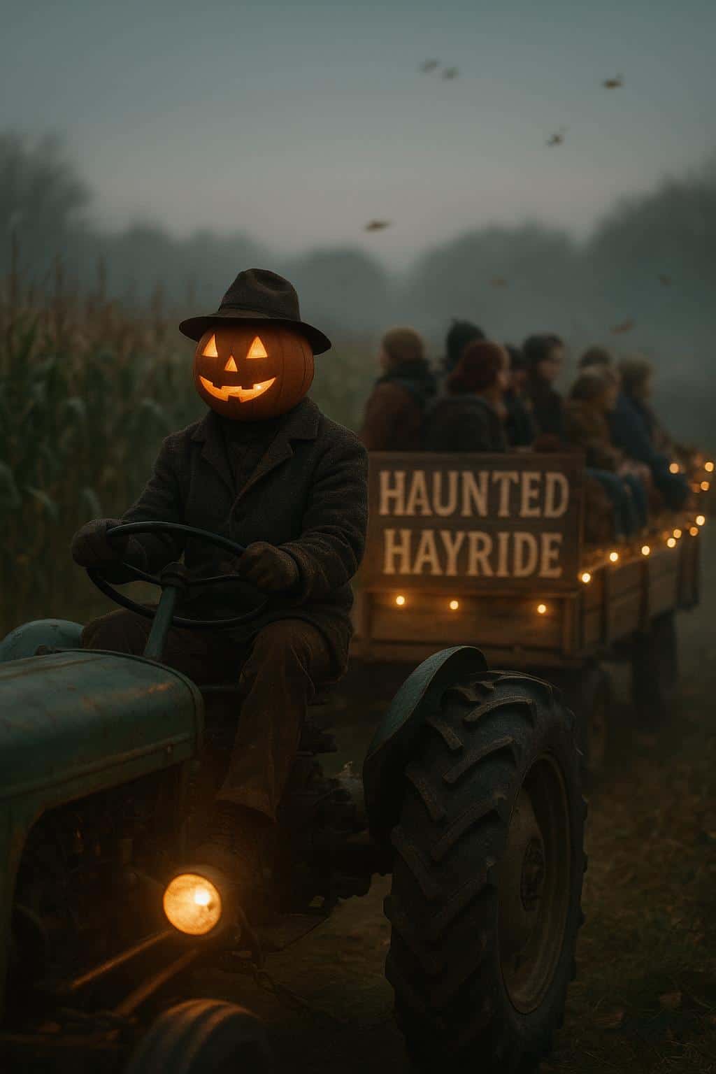 A pumpkin-head hayride driver sits atop a vintage tractor pulling straw-bale wagons filled with bundled riders, warm lantern glow and fog over a cornfield in autumn dusk.