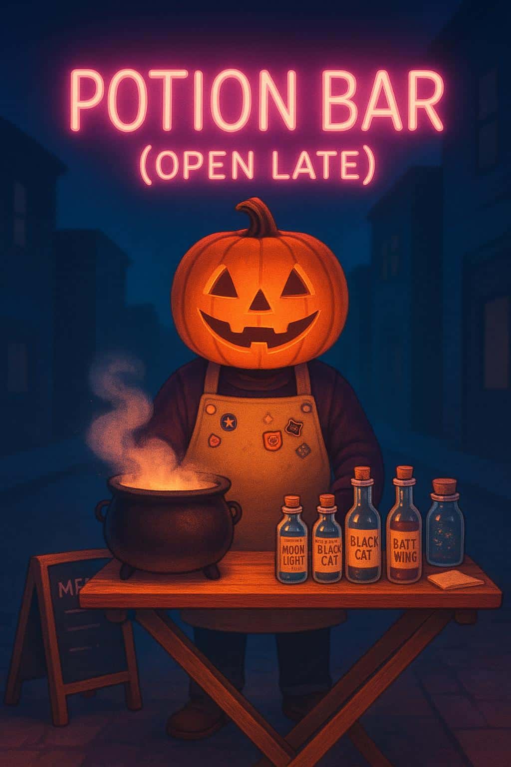 A pumpkin-headed vendor runs a sidewalk potion bar pop-up under a humming neon sign, with labeled bottles, dry-ice cauldron spilling vapor, and playful candy-colored Halloween lighting.