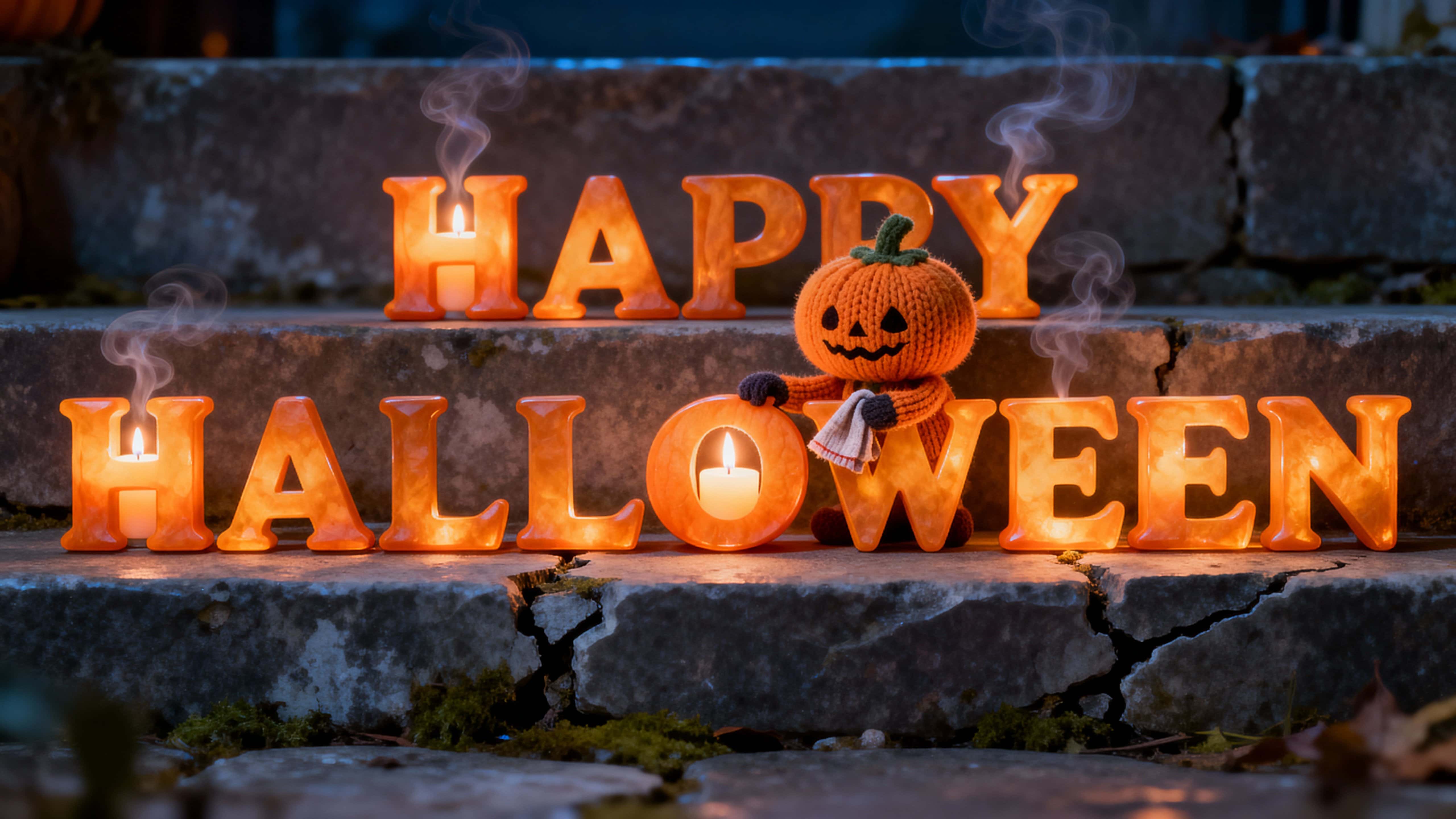 16:9 photo‑real 3D render of “HAPPY HALLOWEEN” carved from glowing pumpkin letters on stone steps, a knit-and-felt pumpkin polishes the “P” amid warm candle glow #FF8C00 #FFDB9A, cool rim #6BAED6 and deep charcoal shadows #222222.