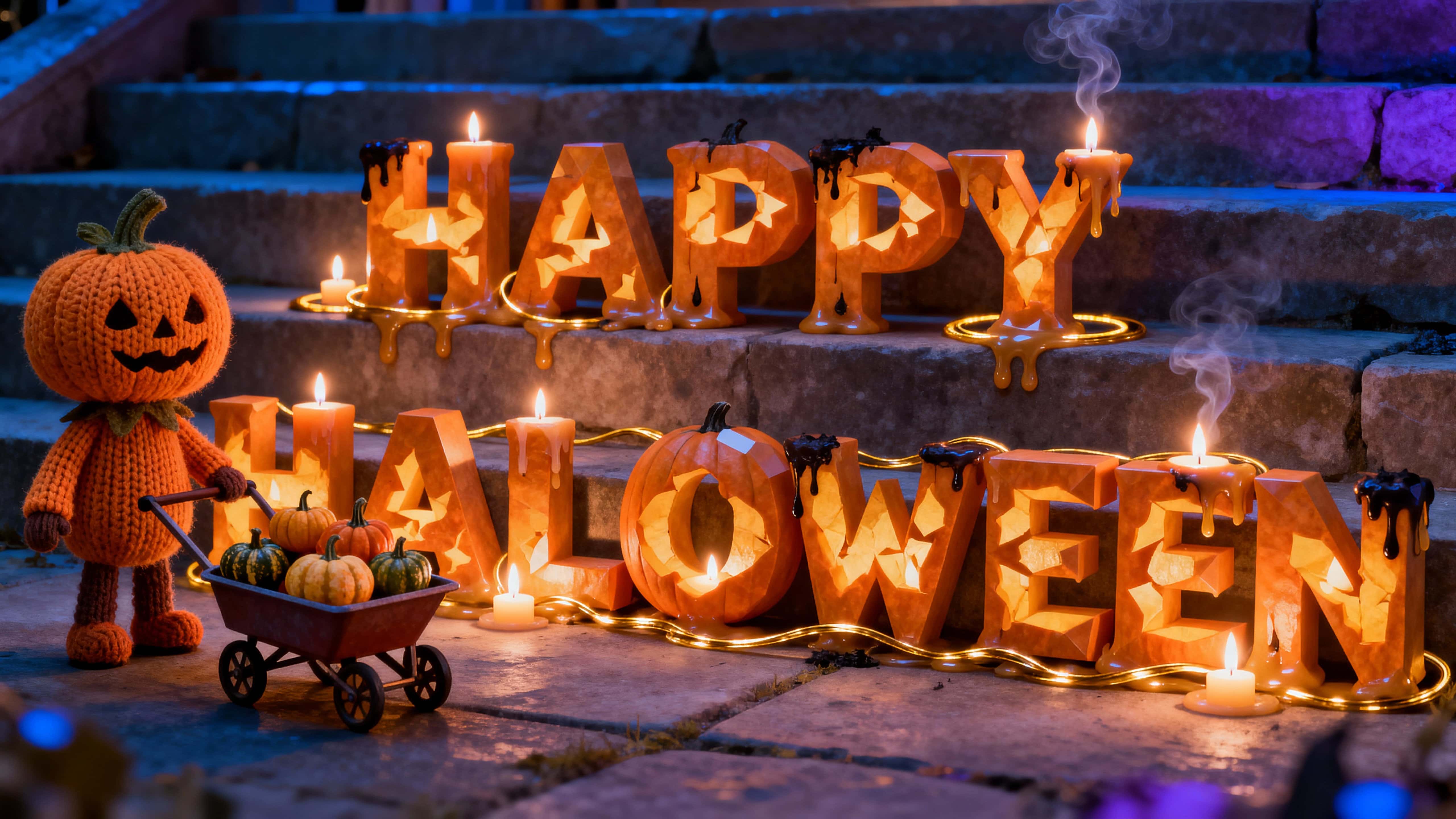 Full-frame 16:9 view of HAPPY HALLOWEEN carved from joined pumpkin lanterns with glowing candle cores, wax drips and soot halos, plus a knit-and-felt pumpkin-head by a wheelbarrow; colors: #FF8C00,#1B1B1B,#0B3D91,#7D7F83,#F5E6C8.