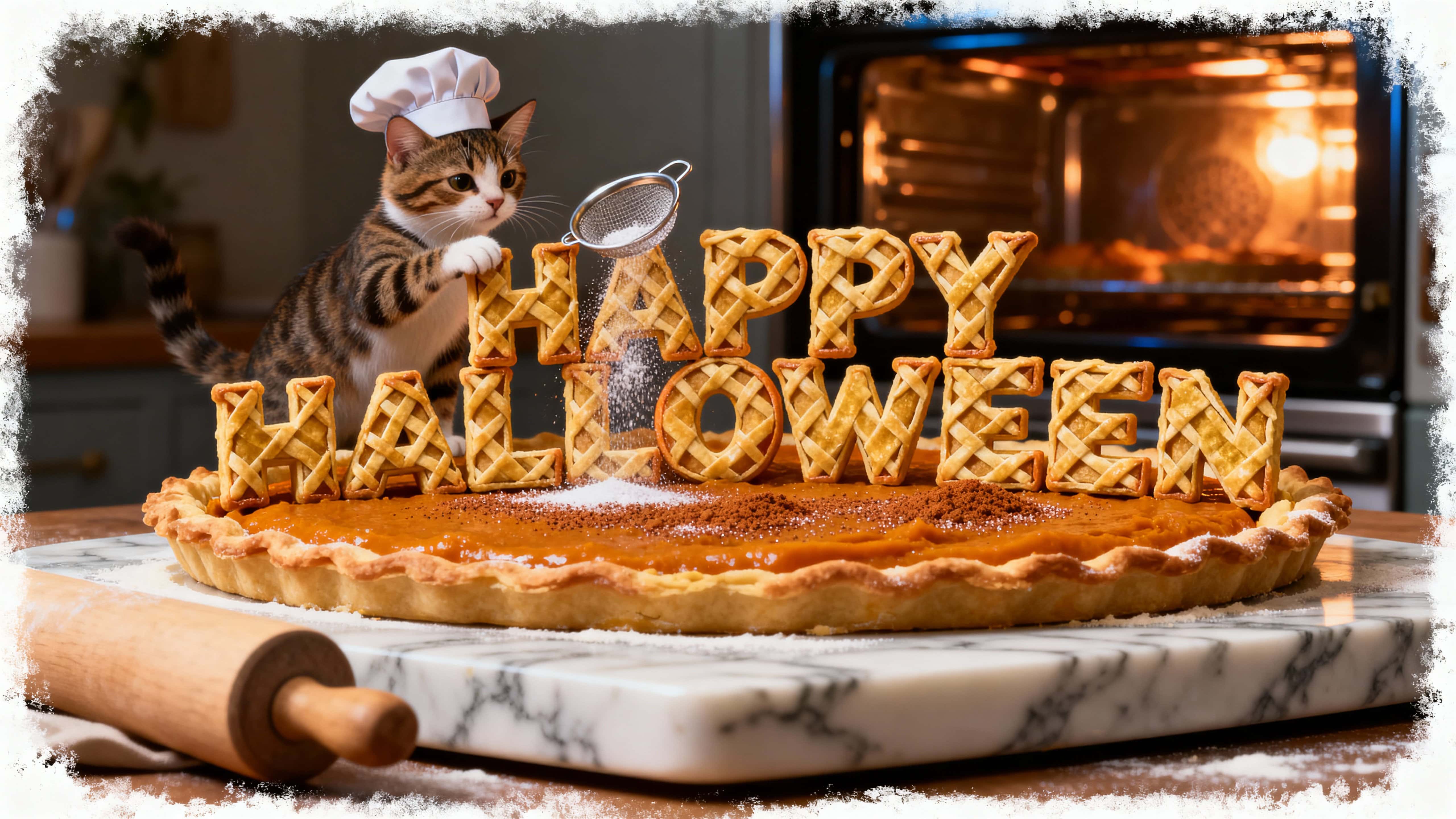 Full-frame 16:9 3D photo-quality scene of “HAPPY HALLOWEEN” as golden lattice-crust letters over spiced pumpkin filling with cinnamon sugar sparkle, a kitten in a baker’s hat dusting the H on a marble slab with warm amber oven glow and a CO
