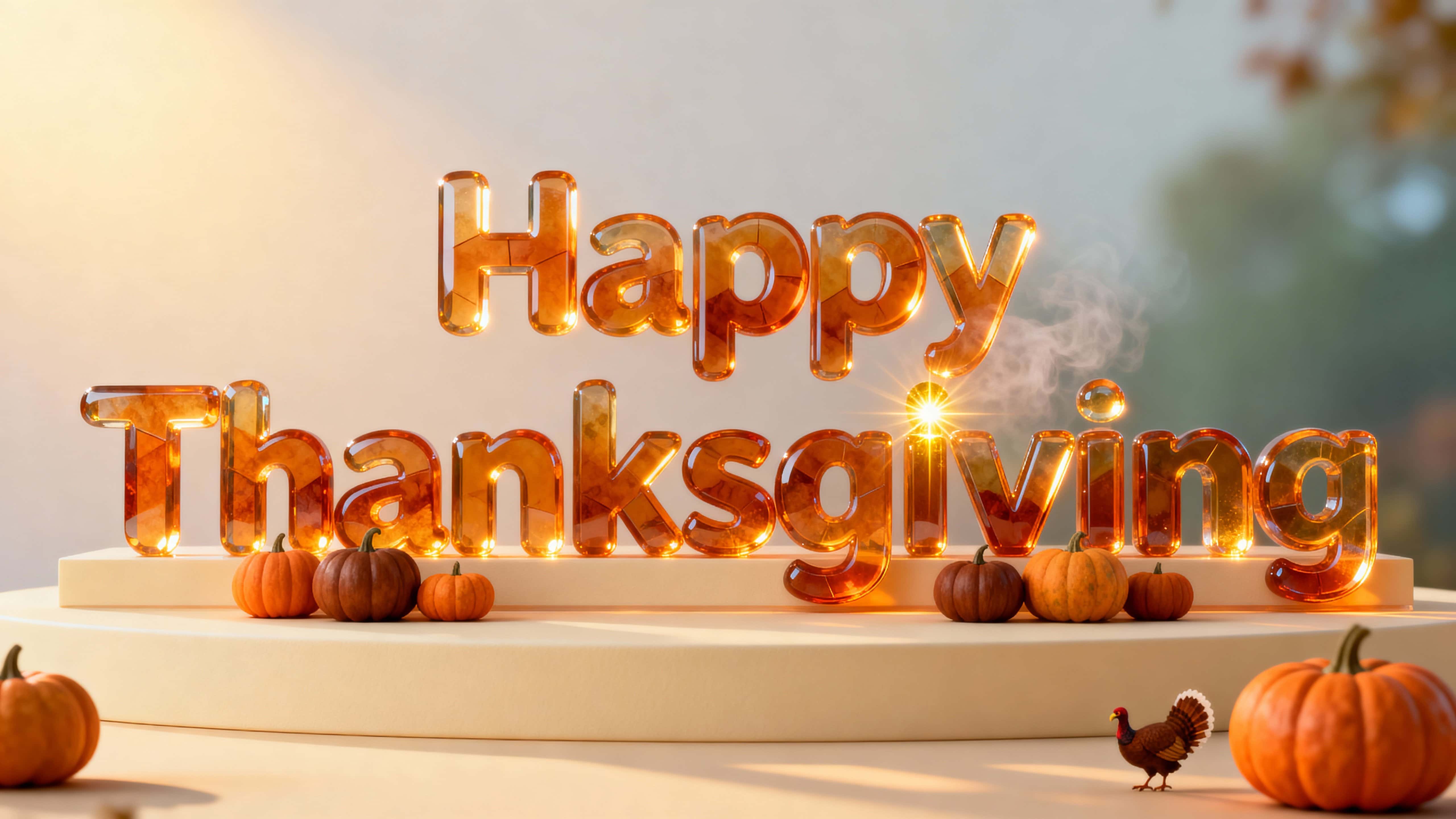 Cinematic 16:9 scene of translucent pumpkin-orange glass letters centered on a matte cream platform with a warm gradient backdrop, clustered miniature pumpkins, subtle amber interior glow, and a tiny hidden turkey reflection.