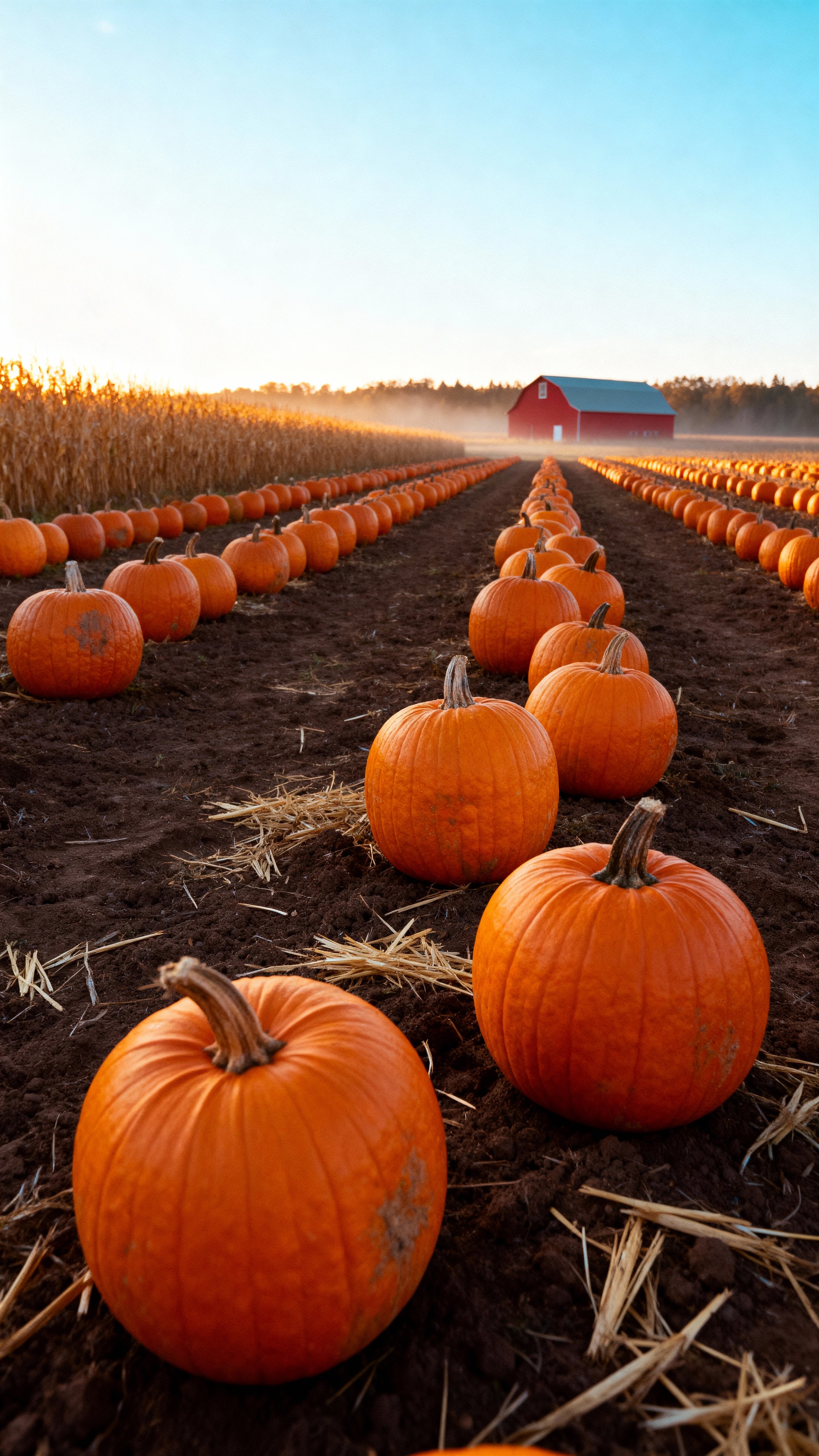 Rows of tactile matte pumpkins sit on rich umber soil leading toward a distant red barn and treeline under a pale sky, straw scattered and warm rim light, framed with low perspective lines.