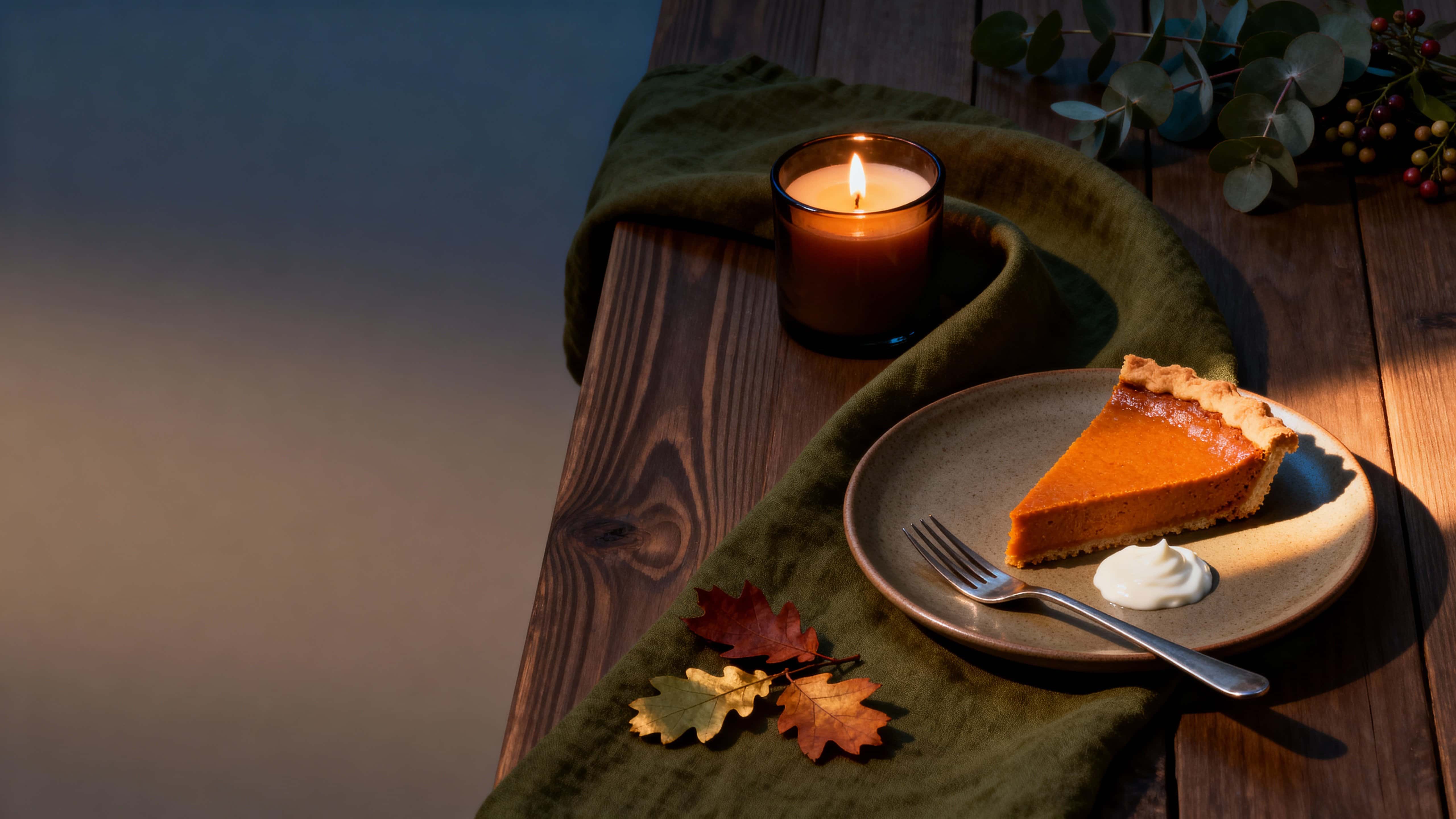 A warm, intimate 16:9 food photograph of a single slice of spiced pumpkin pie on a matte plate at the lower right, lit by candlelight with eucalyptus, leaves, and soft negative space.