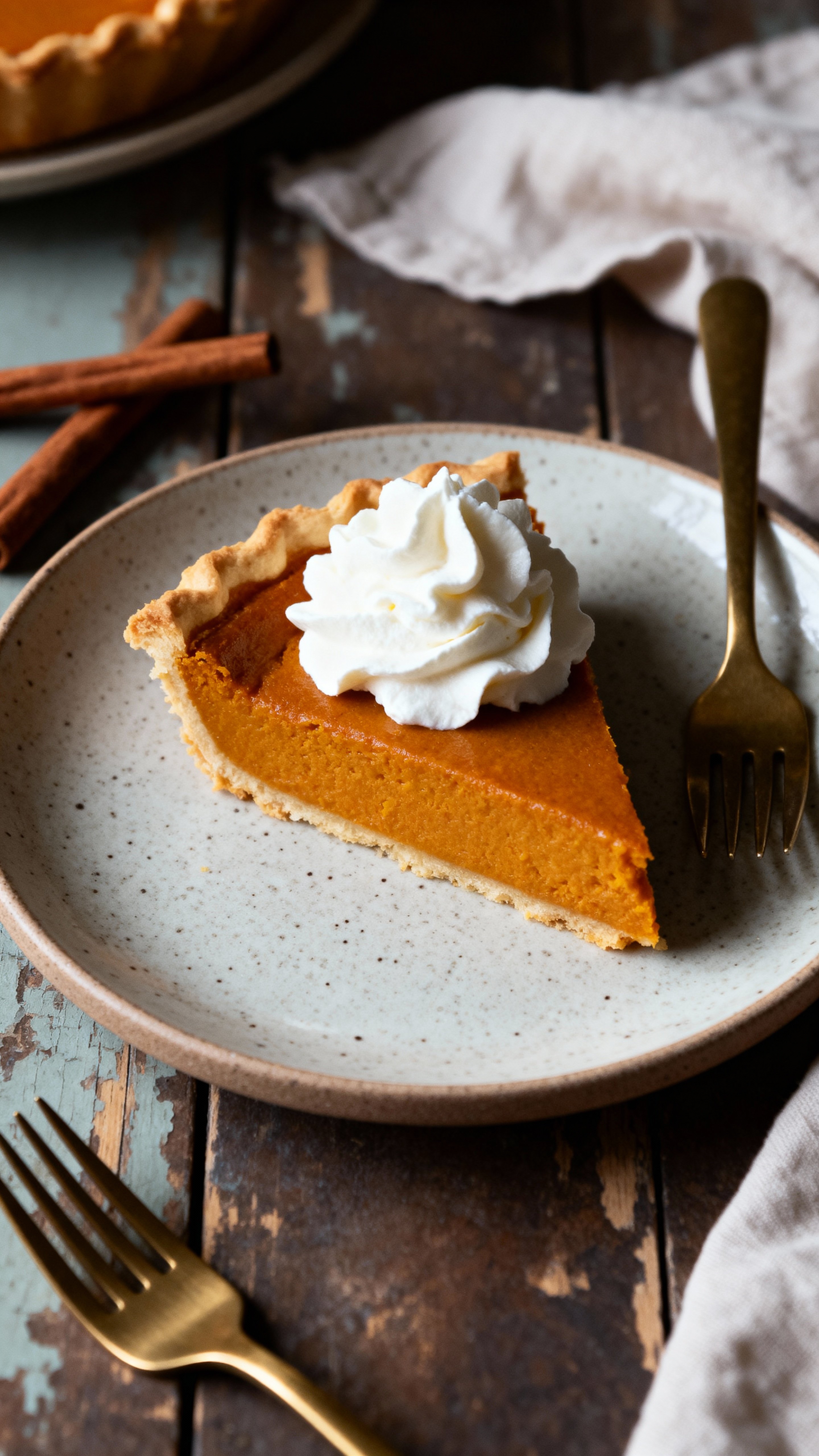 Pumpkin pie with caramel-orange filling and airy cream on a speckled ceramic plate beside a brass fork and cinnamon stick on worn dark-wood, warm soft light, shallow depth.