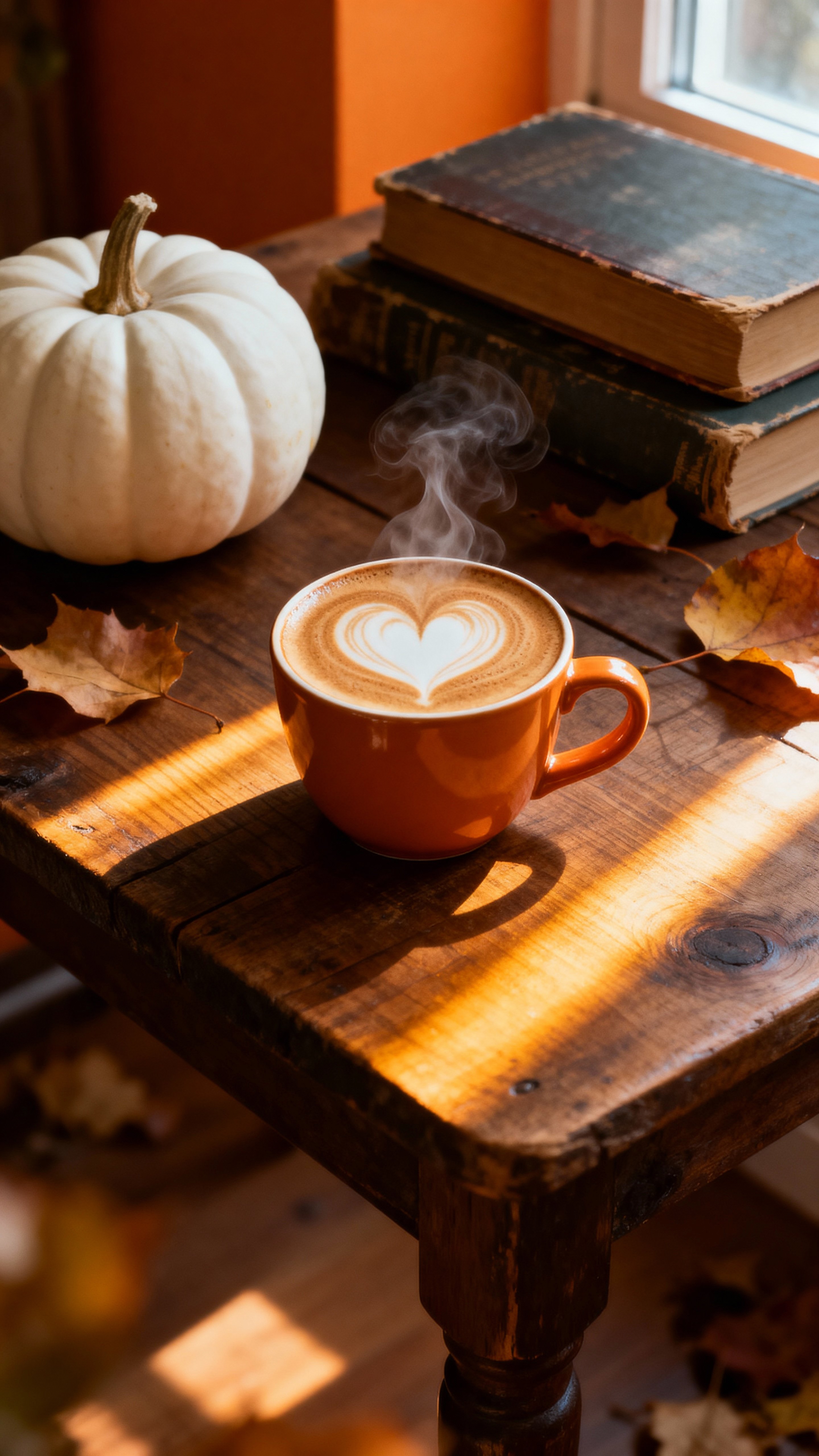 A steaming pumpkin spice latte with foam-heart sits on a rustic wooden table beside a small white pumpkin and worn books, scattered leaves and golden window streaks in a vertical 9:16 crop.