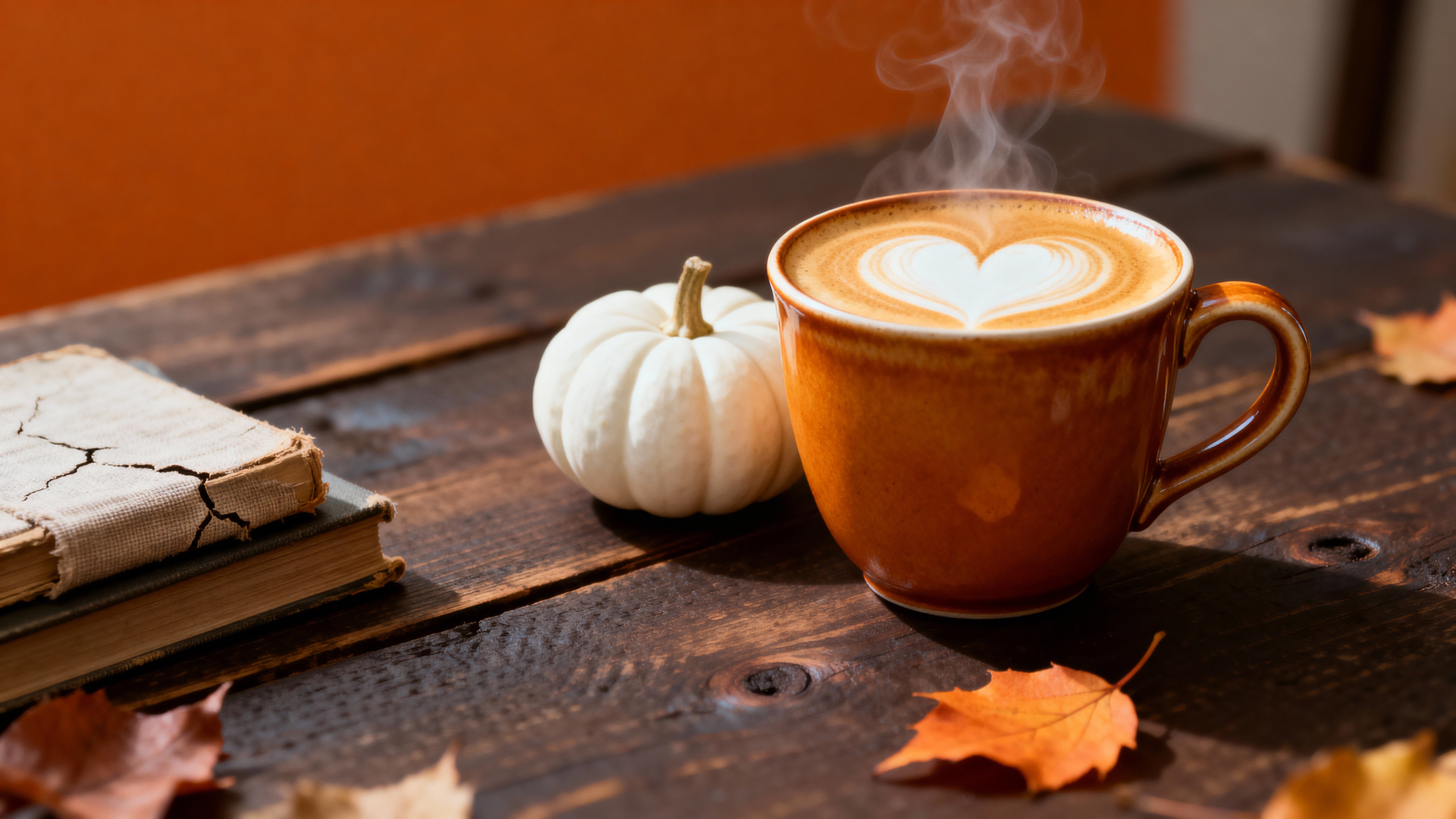 A steaming pumpkin spice latte sits on a rustic wooden table next to a small white pumpkin and worn books, surrounded by fallen leaves, bathed in warm golden sunlight.