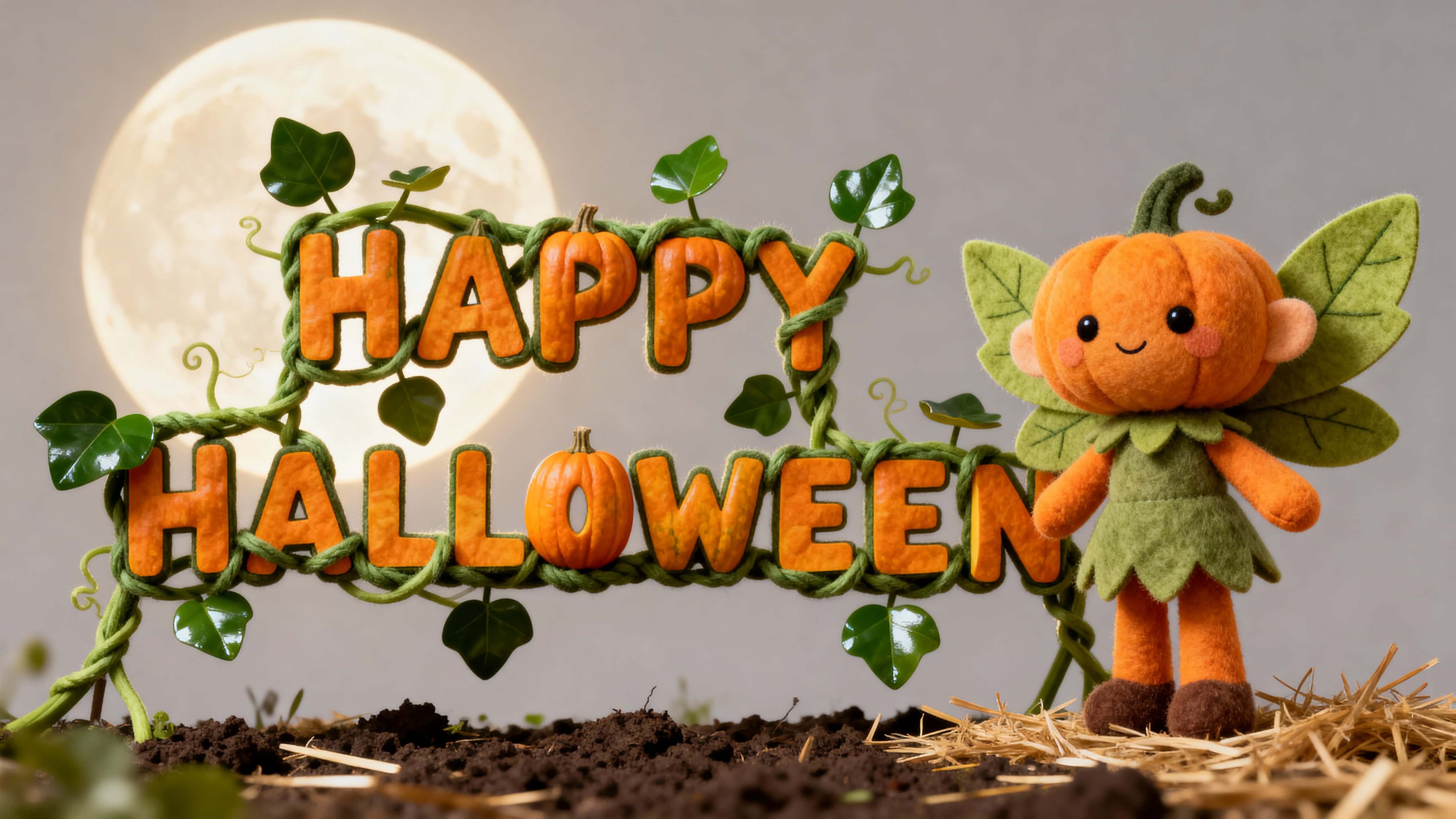 3D photo 16:9 of HAPPY HALLOWEEN braided from glossy green vines (#2E8B57) with orange gourd panels (#FF8C00); cream plush fairy (#FFF5EE) with pale-blue felt wings (#CDE6E8) at right atop soil and golden hay (#F4C542,#8B5A2B), soft frontal