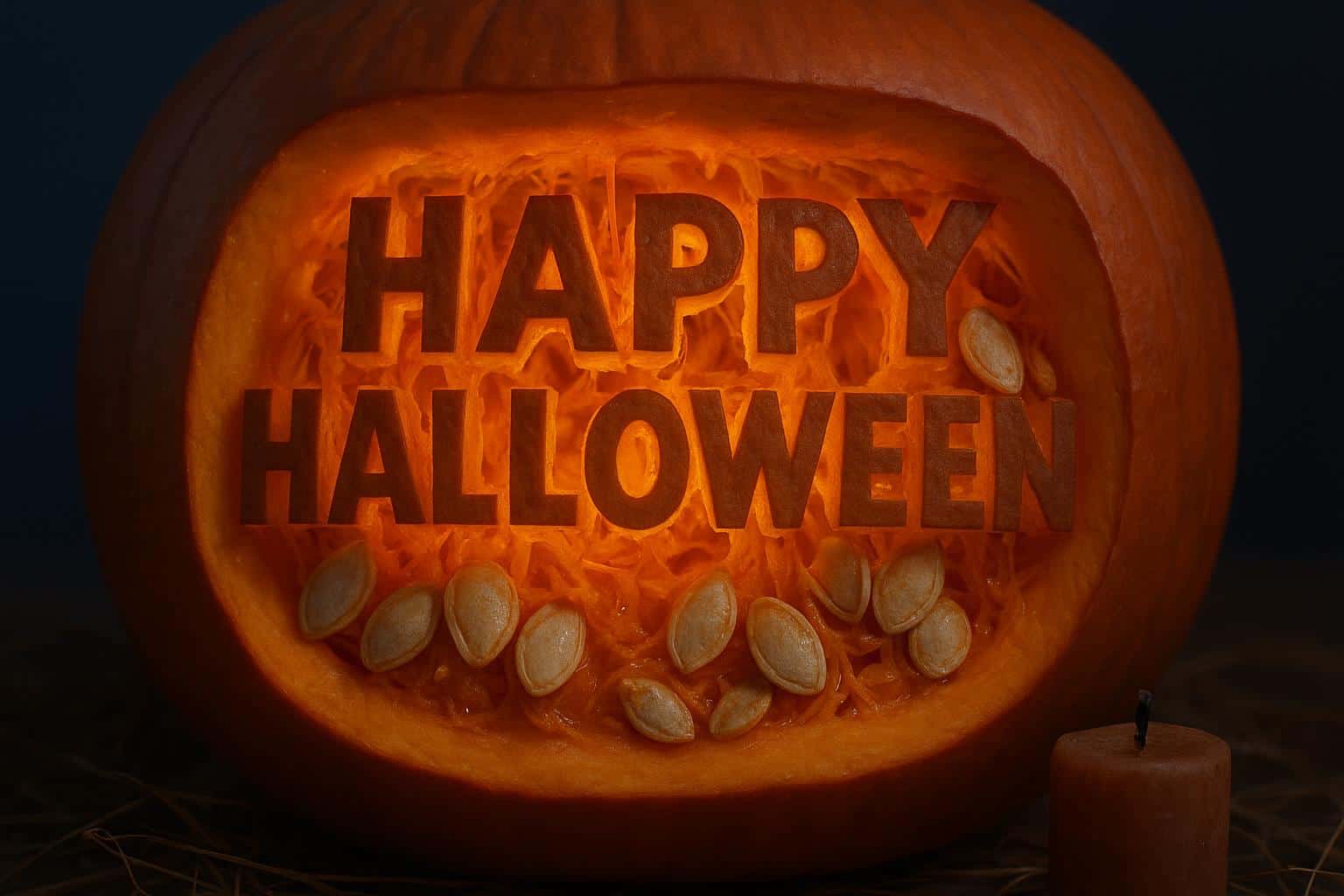 Full-frame macro of a carved pumpkin showing “HAPPY HALLOWEEN” cut through thick flesh, glossy pulp strands and embedded seeds lit by warm amber candle translucency and cool night contrast.