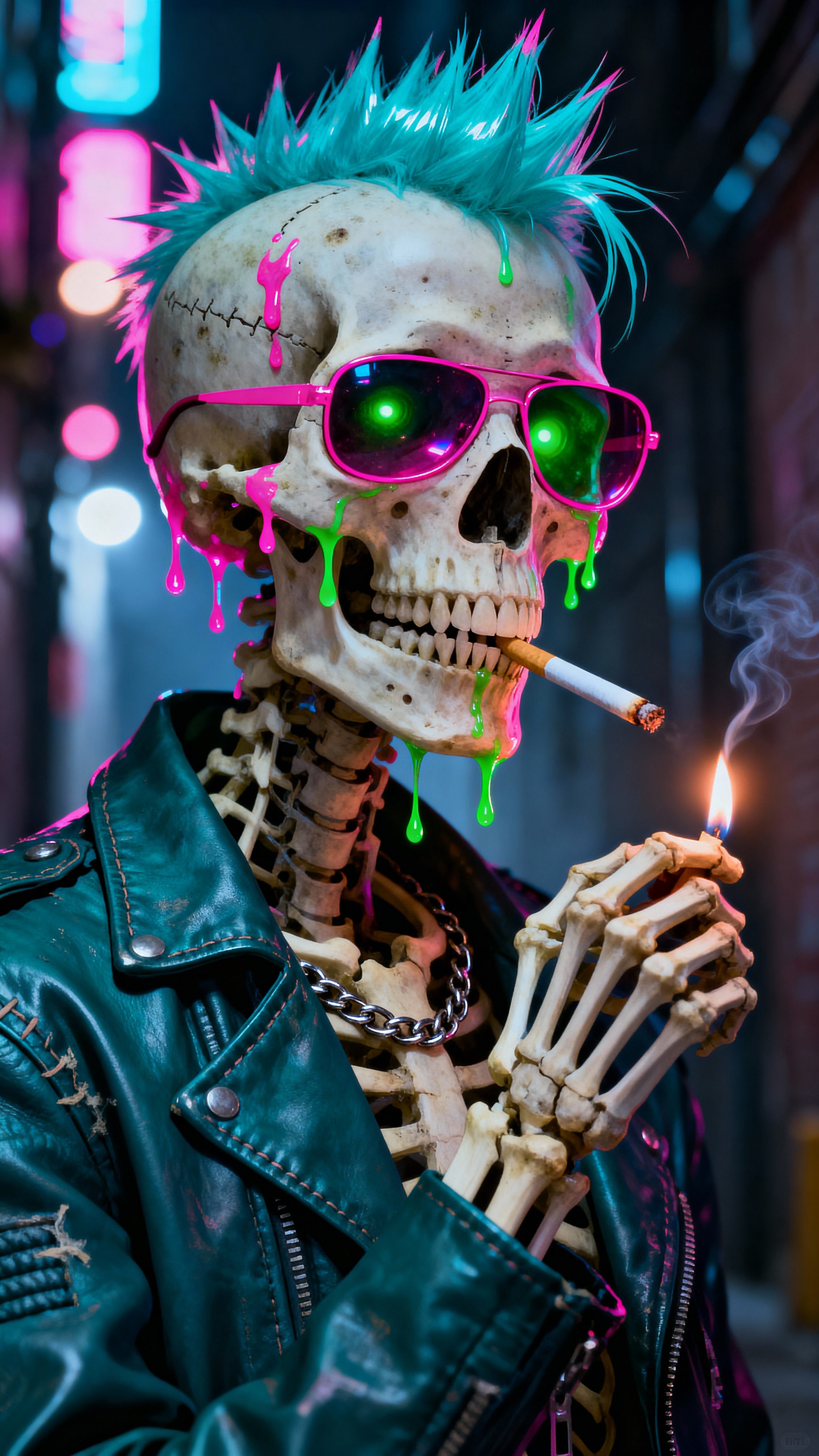 Hyper-realistic digital portrait of a punk rock skeleton with turquoise-blue spiky hair, pink-tinted glasses, dripping neon liquids, and a cigarette, set on black for a cyberpunk mood.