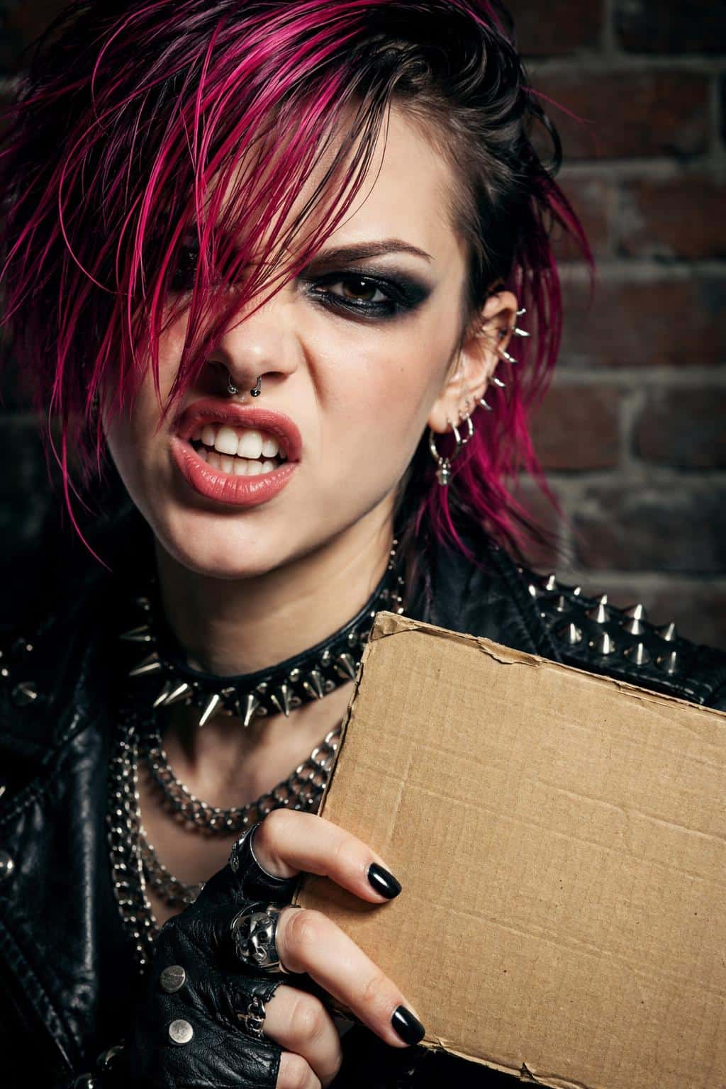 Extreme close-up portrait photograph of a punk rocker clutching a blank sign, neon hair and kohl-rimmed eyes against a textured brick wall for gritty poster use.