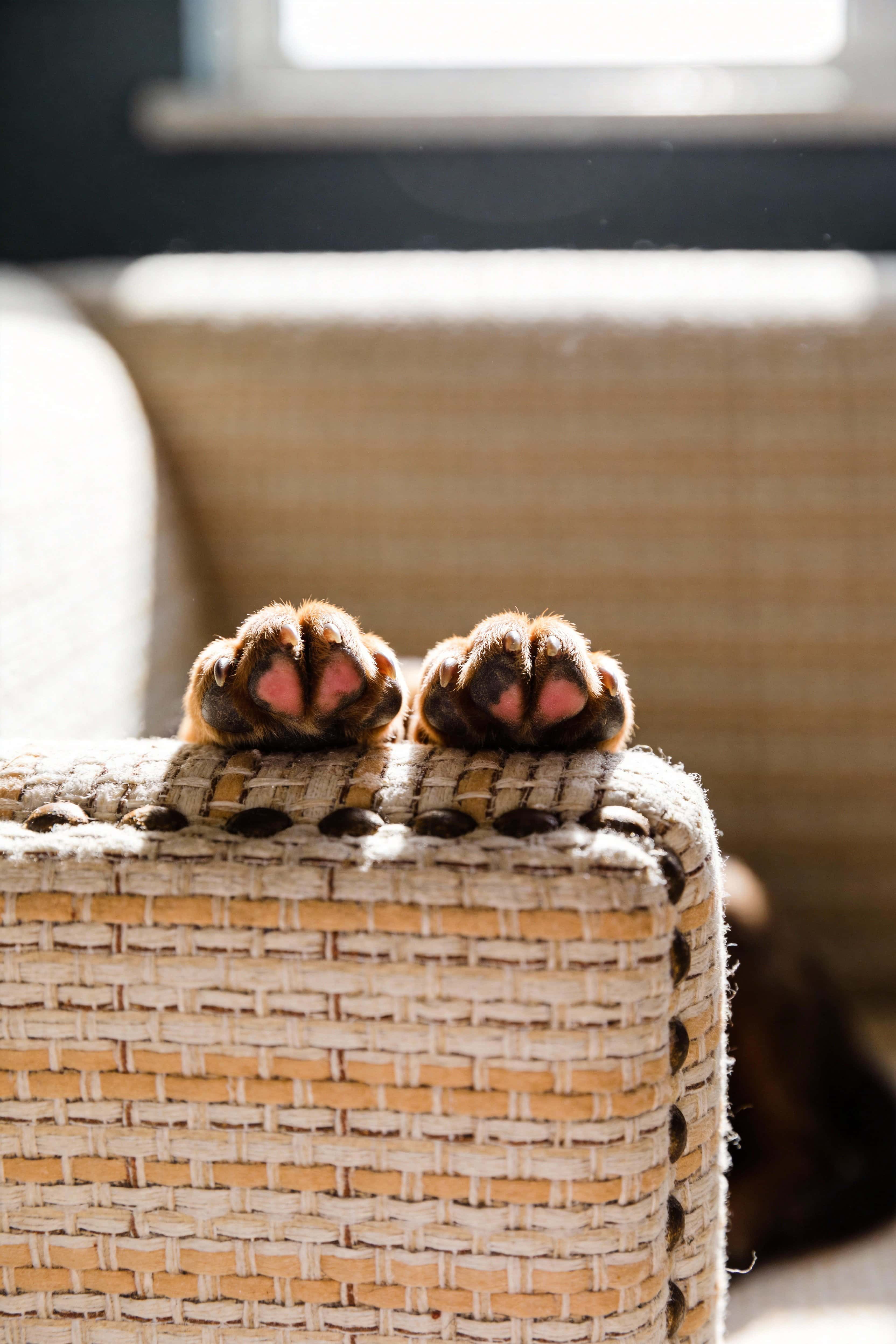 Close-up of puppy paws draped over a couch edge in a vertical 2:3 frame, photographed with soft natural light, shallow depth, warm tones for wallpaper use.