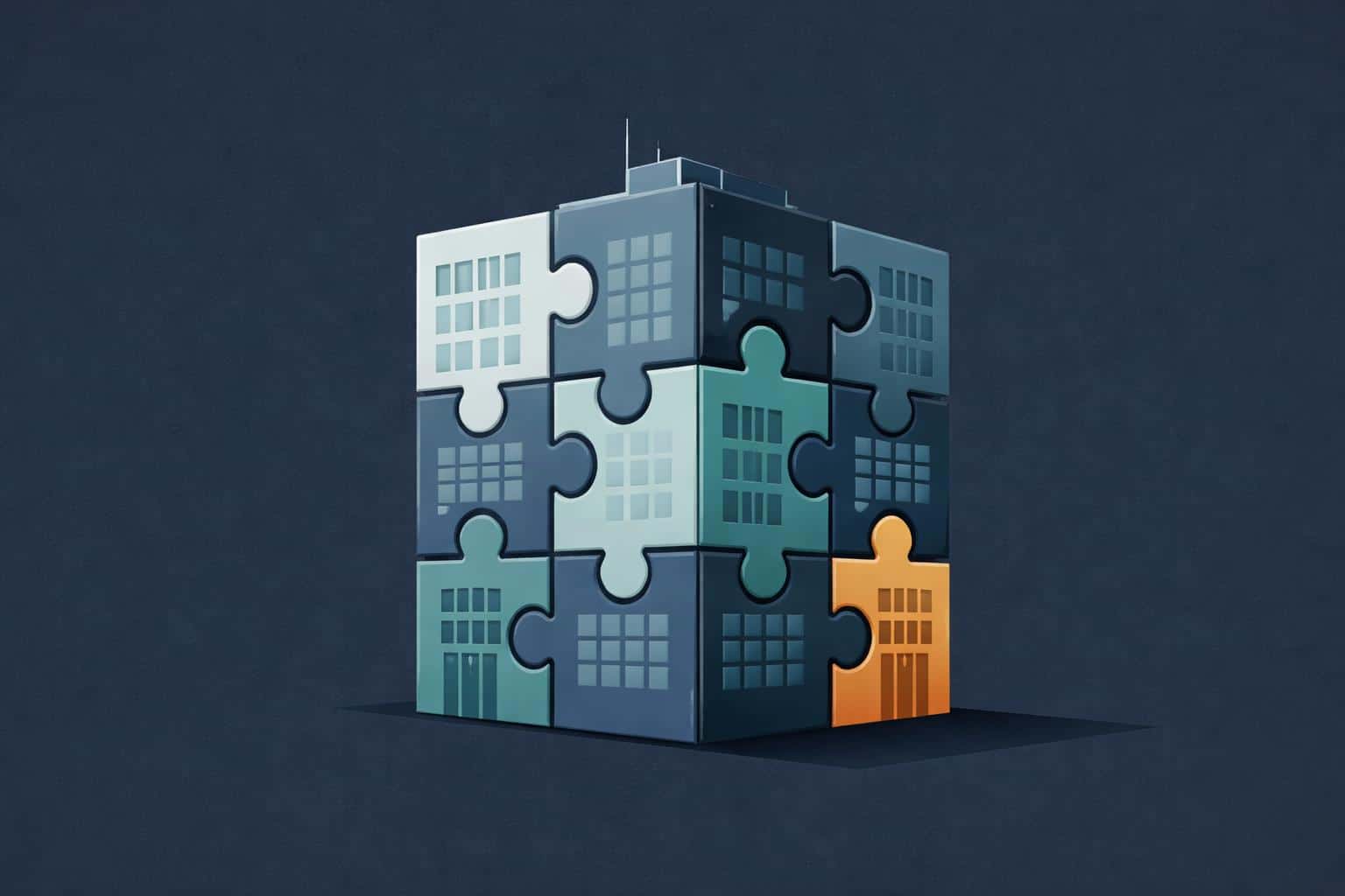 Vector illustration of interlocking puzzle pieces assembled into a corporate building silhouette, crafted for a poster-cover to communicate strategy and structure.