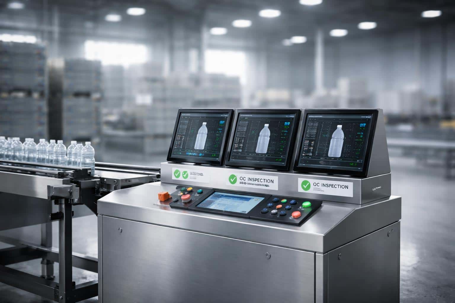 Industrial quality-check station with multiple inspection screens captured as clean product photography for a poster-cover, framed precisely in a 3:2 card ratio.