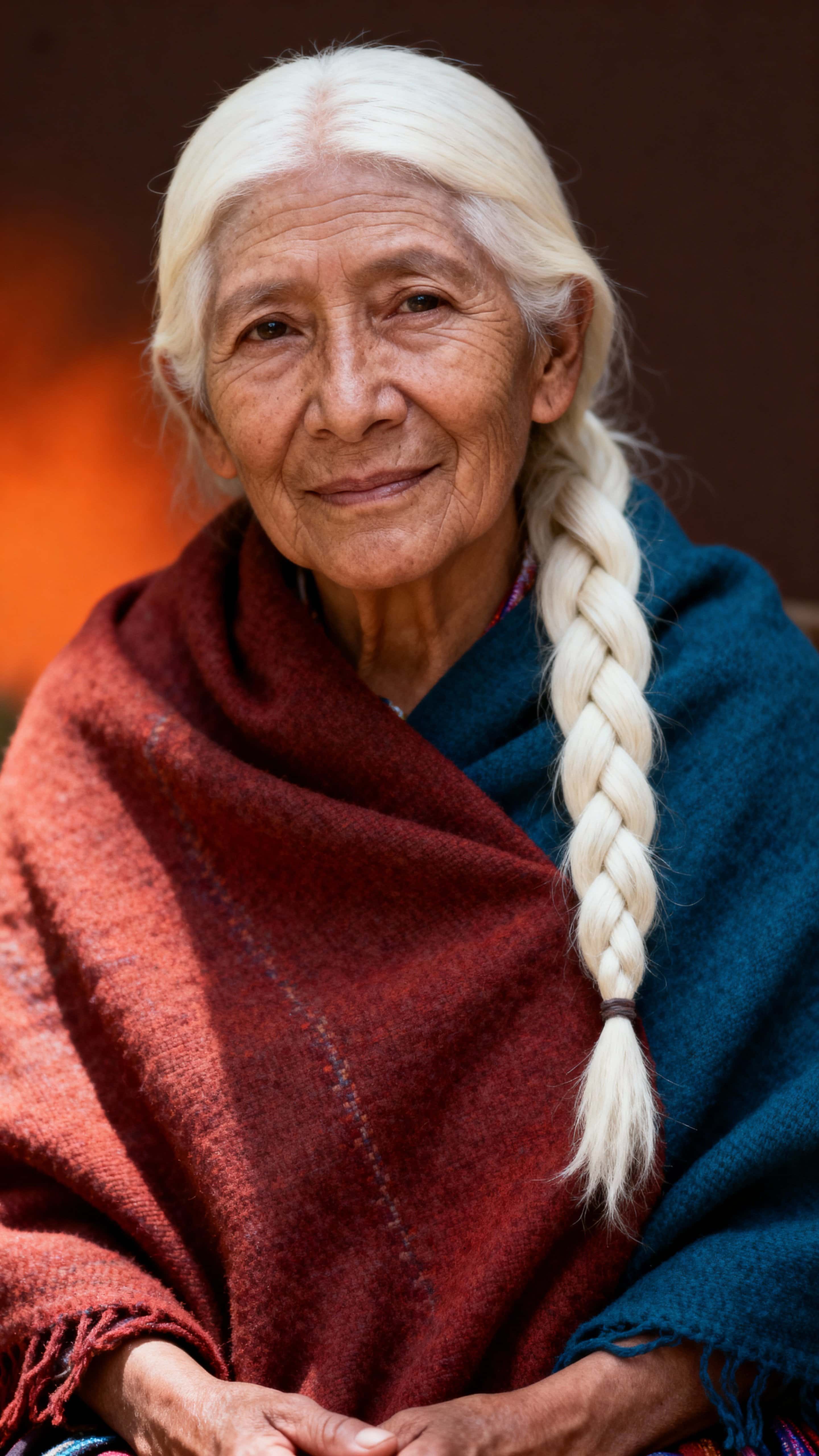 Fine art portrait of an elderly Quechua woman with albinism seated against a dark earthy brown background with an ember-orange vignette, wearing a woven shawl.