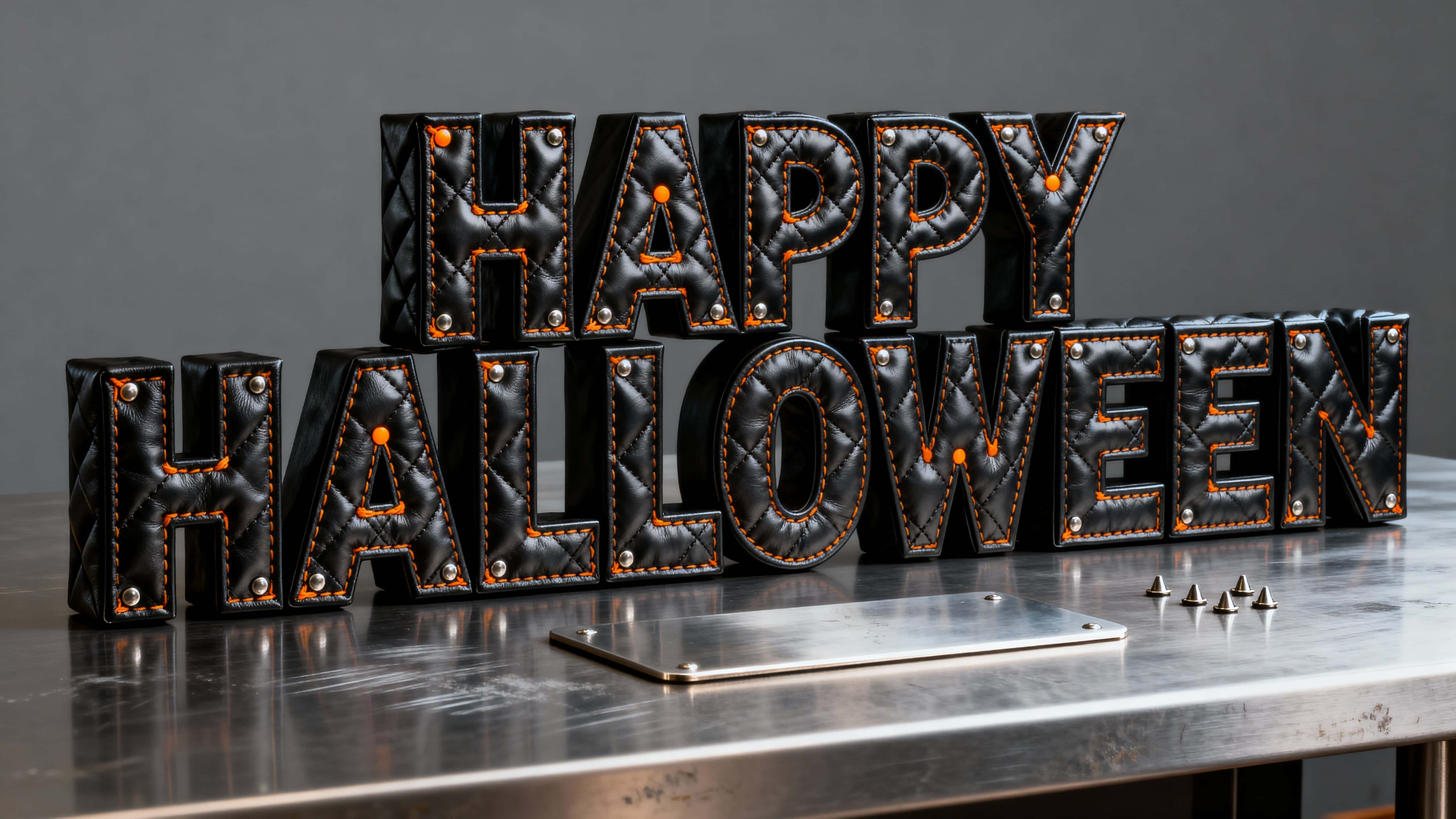 Photo‑real 3D render of full-frame “HAPPY HALLOWEEN” formed from quilted black leather panels with bold orange seams, micro‑rivets, and a brushed-steel tabletop mood.