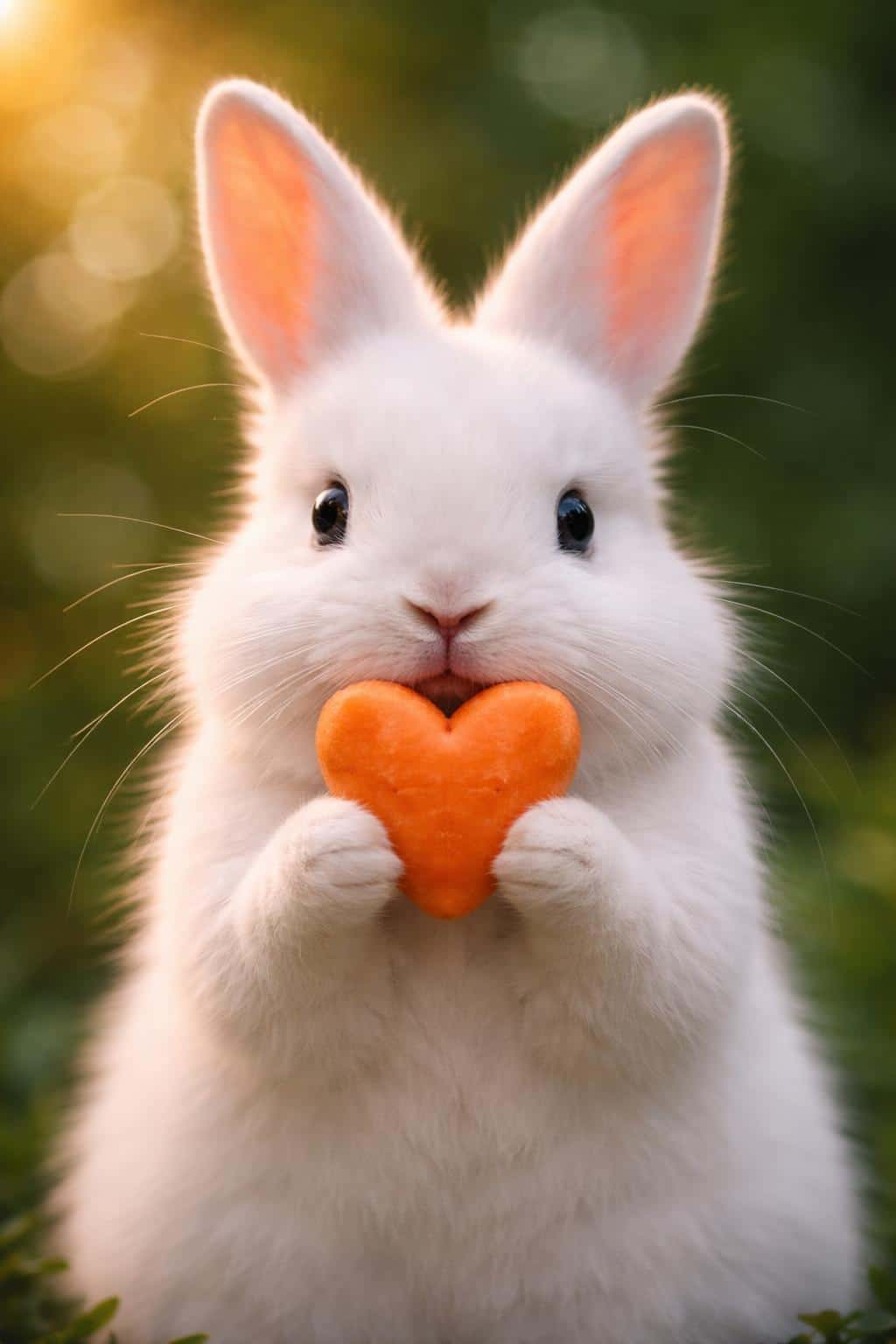 Close-up pet-photography of a white rabbit holding a heart-shaped carrot slice, shot with soft backlight, shallow focus and warm bokeh for a wallpaper-style composition.