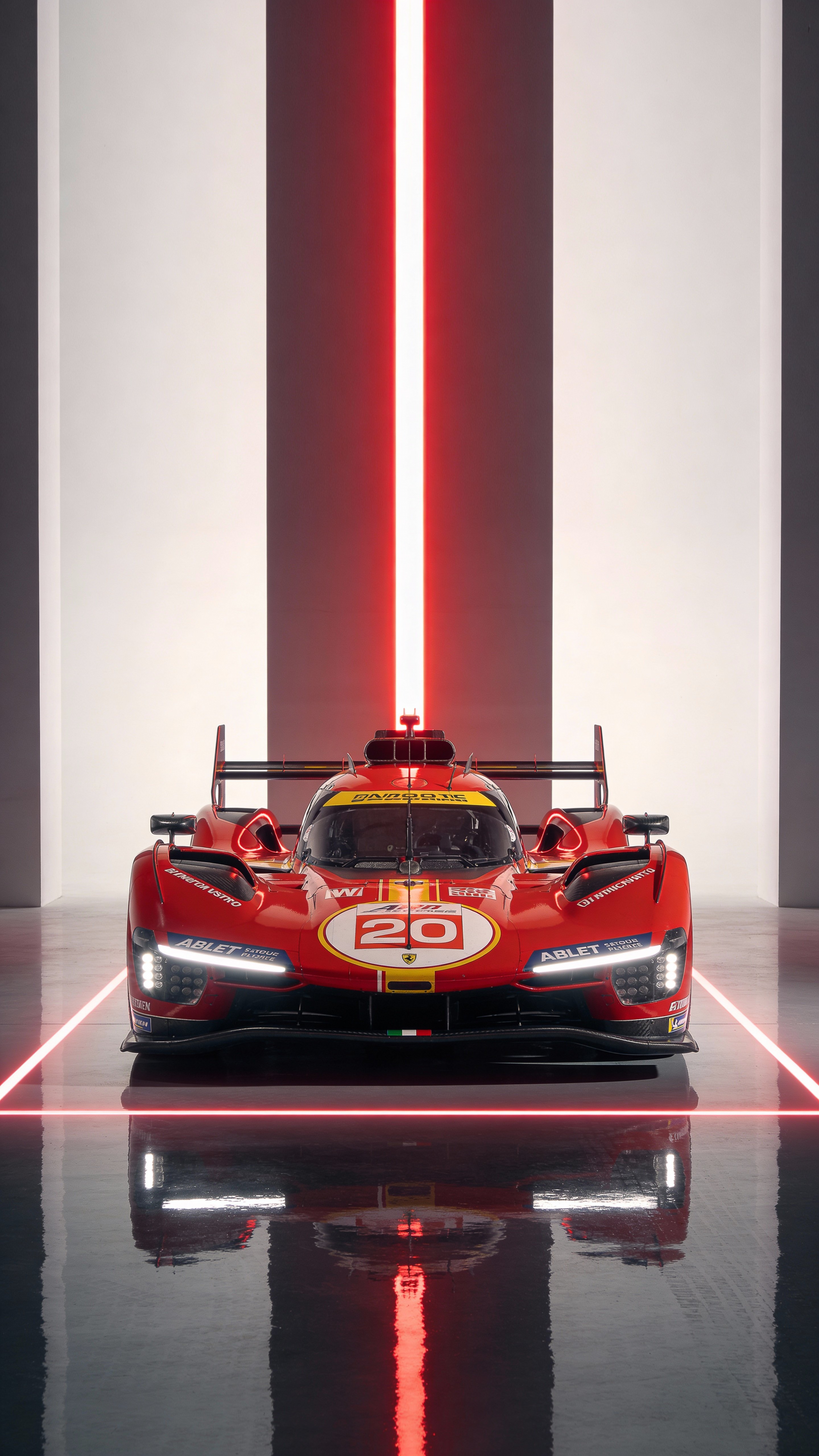Vertically framed 9:16 studio scene of a symmetrical race car centered on a glossy reflective surface with a vertical neon light pillar behind, minimal background and photoreal finish.