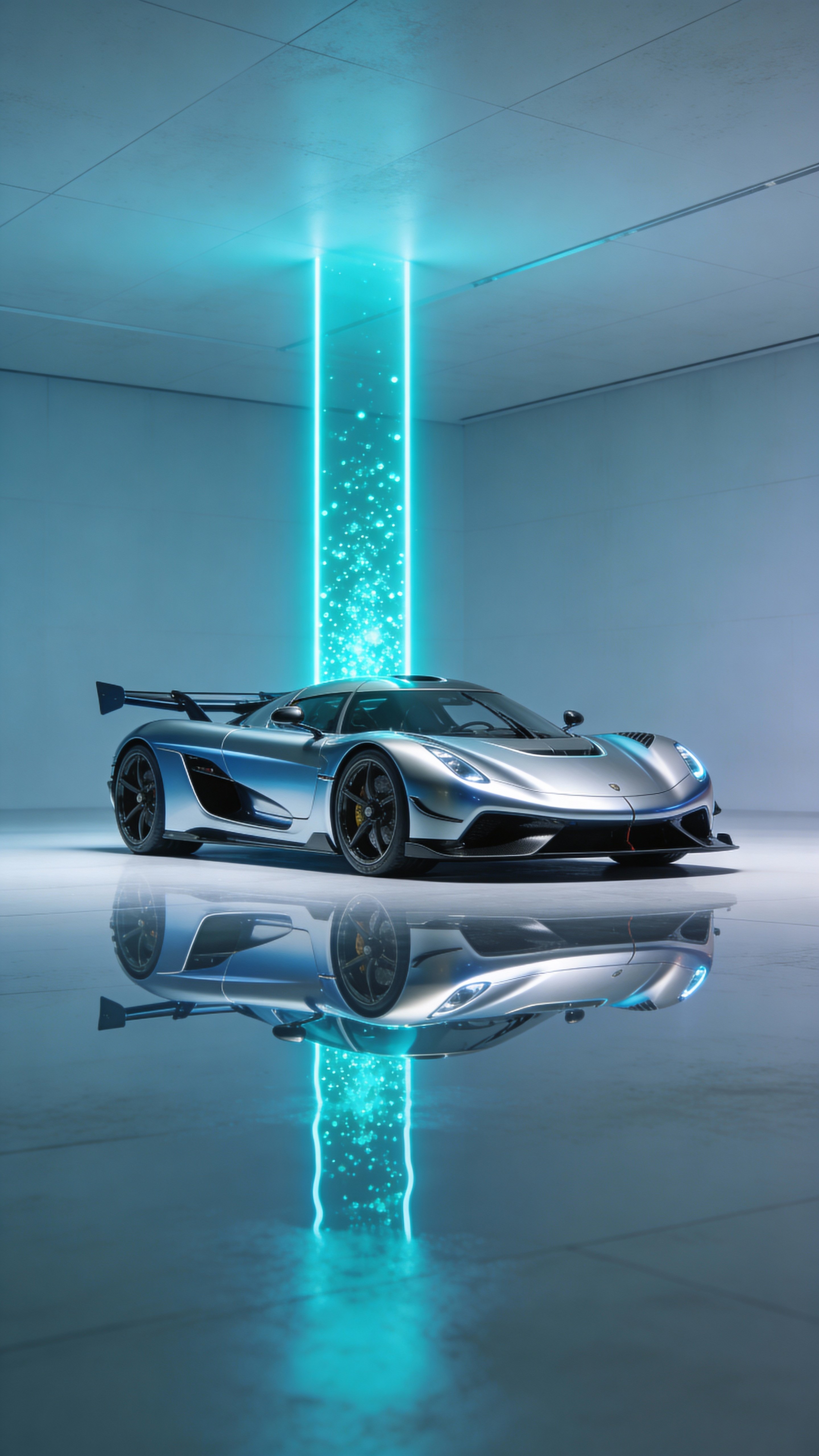 A futuristic race car centered in a 9:16 studio void with a vertical energy beam rising behind it, an ultra-clean mirror reflection beneath, and crisp sci-fi minimal CGI rendering.