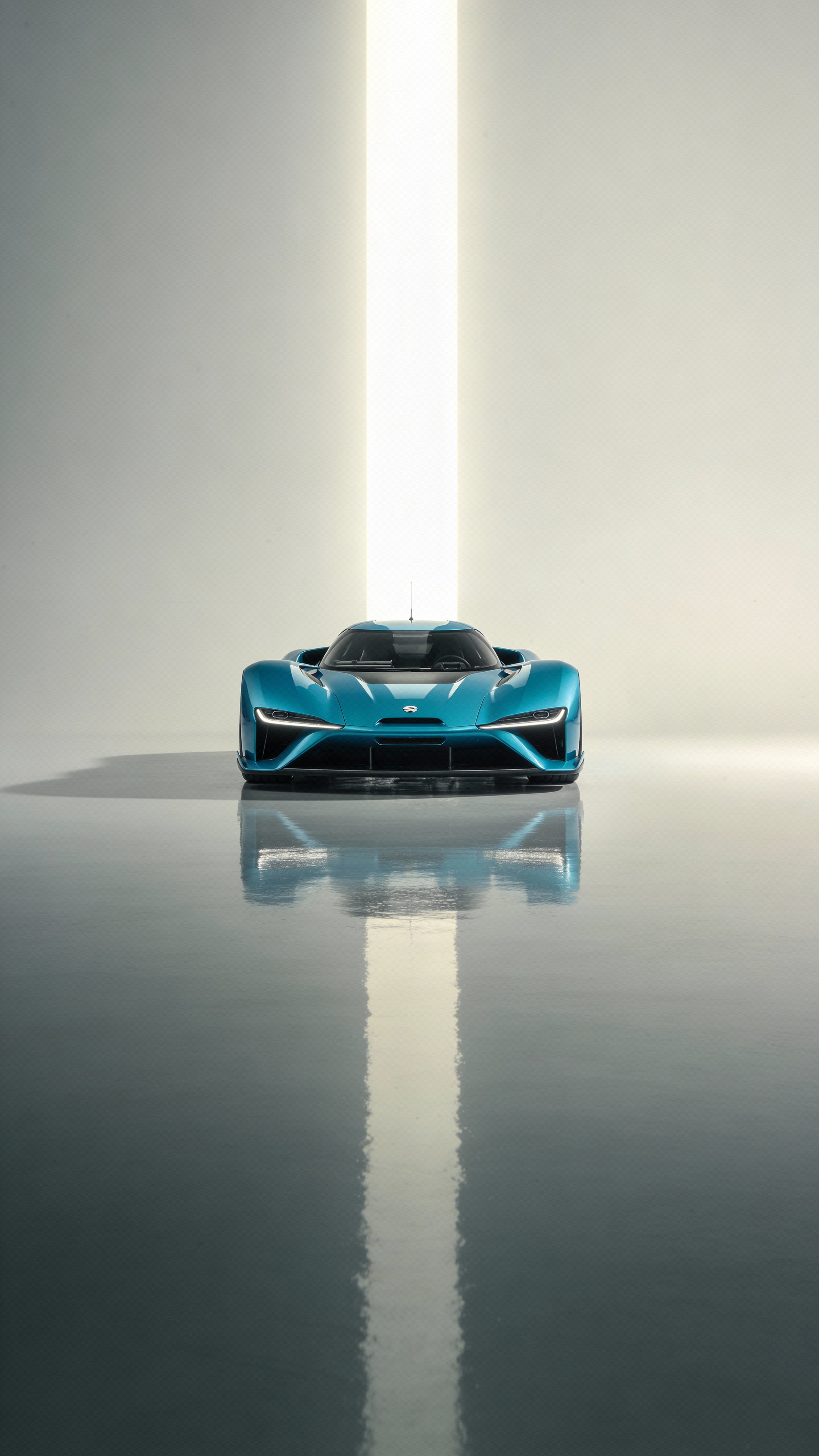 A vertical 9:16 ultra-realistic CGI of a cyan-painted high-performance race car centered under a glowing vertical light beam, mirrored on a glossy floor against a clean gradient background.