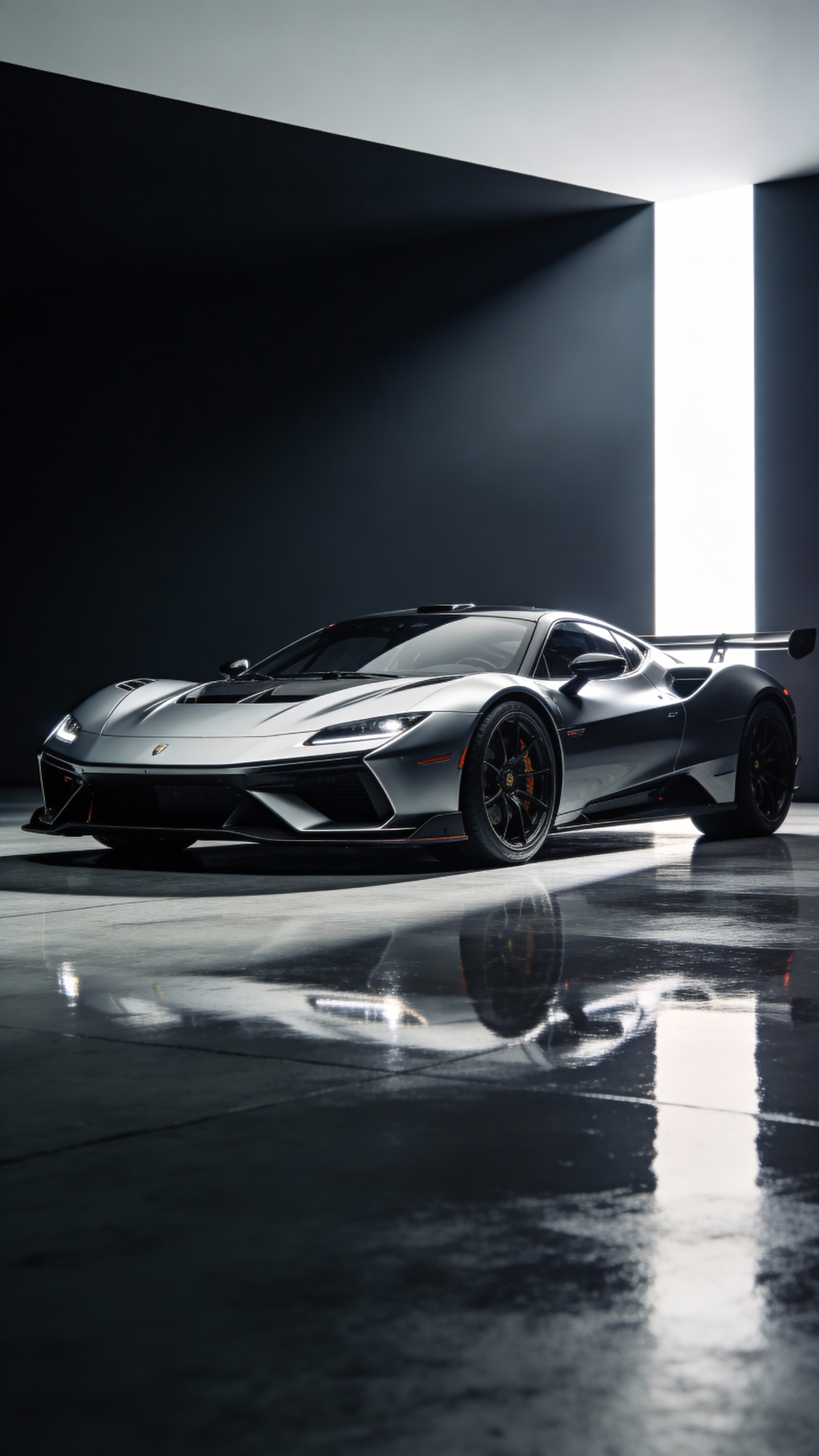 A vertical 9:16 studio portrait of a race car at a slight three-quarter angle, with a narrow vertical light beam cutting the dark background and a smooth reflective floor beneath it.