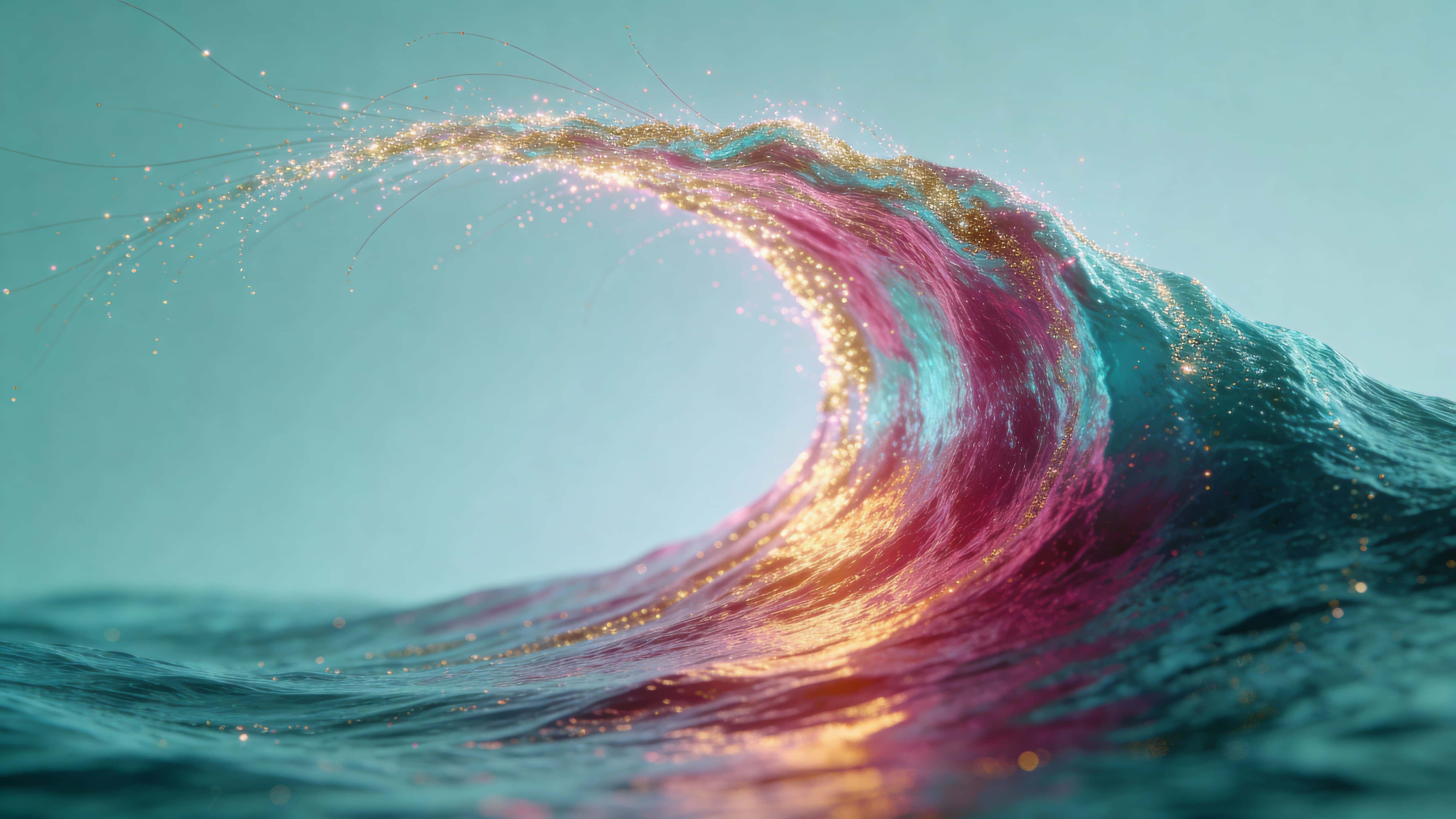 A sweeping diagonal wave of radiant particles arcs across a 16:9 frame in layered turquoise, magenta, and gold, with delicate trailing strands, soft cool highlights, and uncluttered top and bottom.
