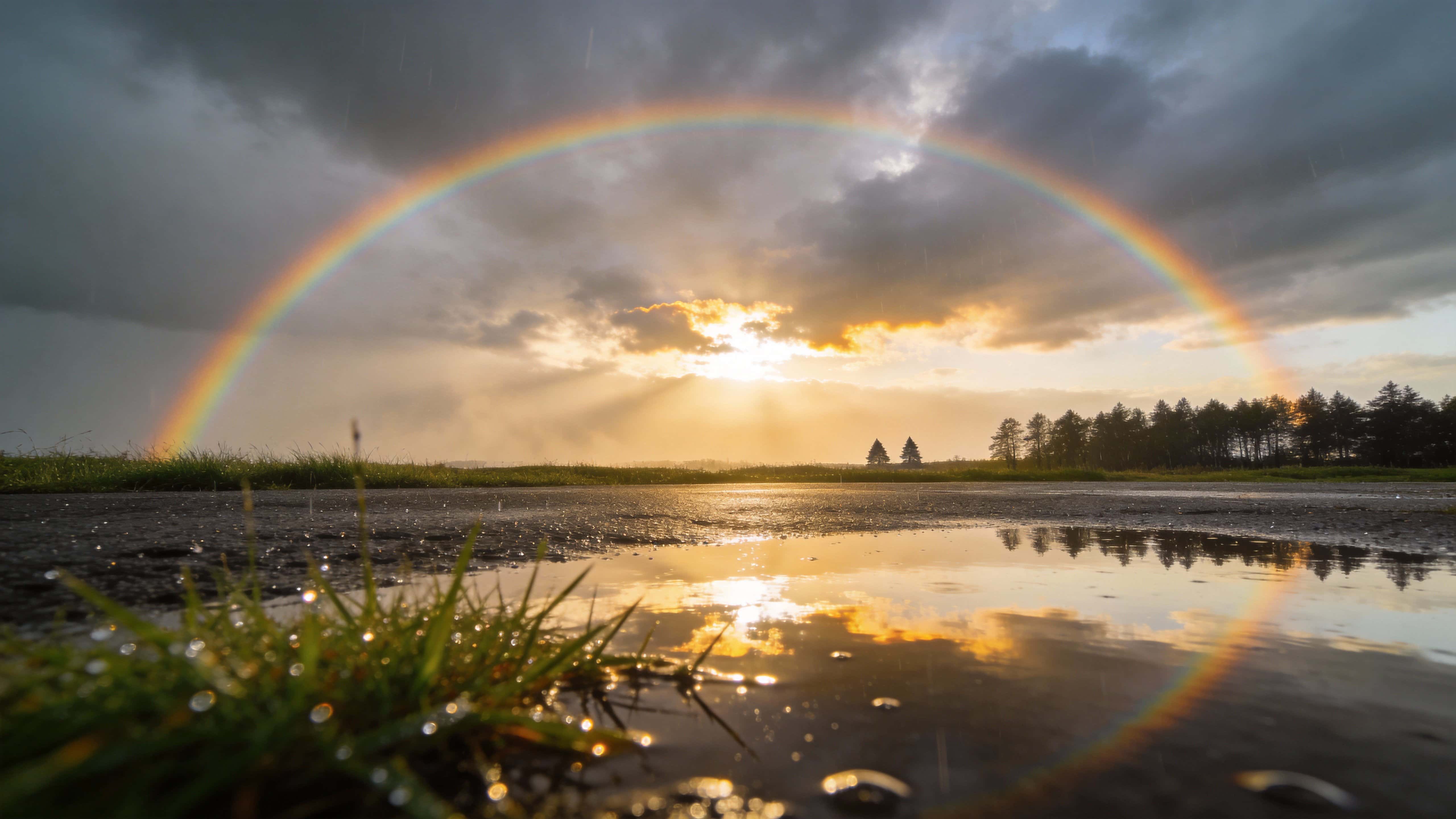 A 16:9 landscape photograph of a rainbow forming after heavy rain, with wet reflections and dramatic clouds framed for wallpaper use in a cinematic, serene style.