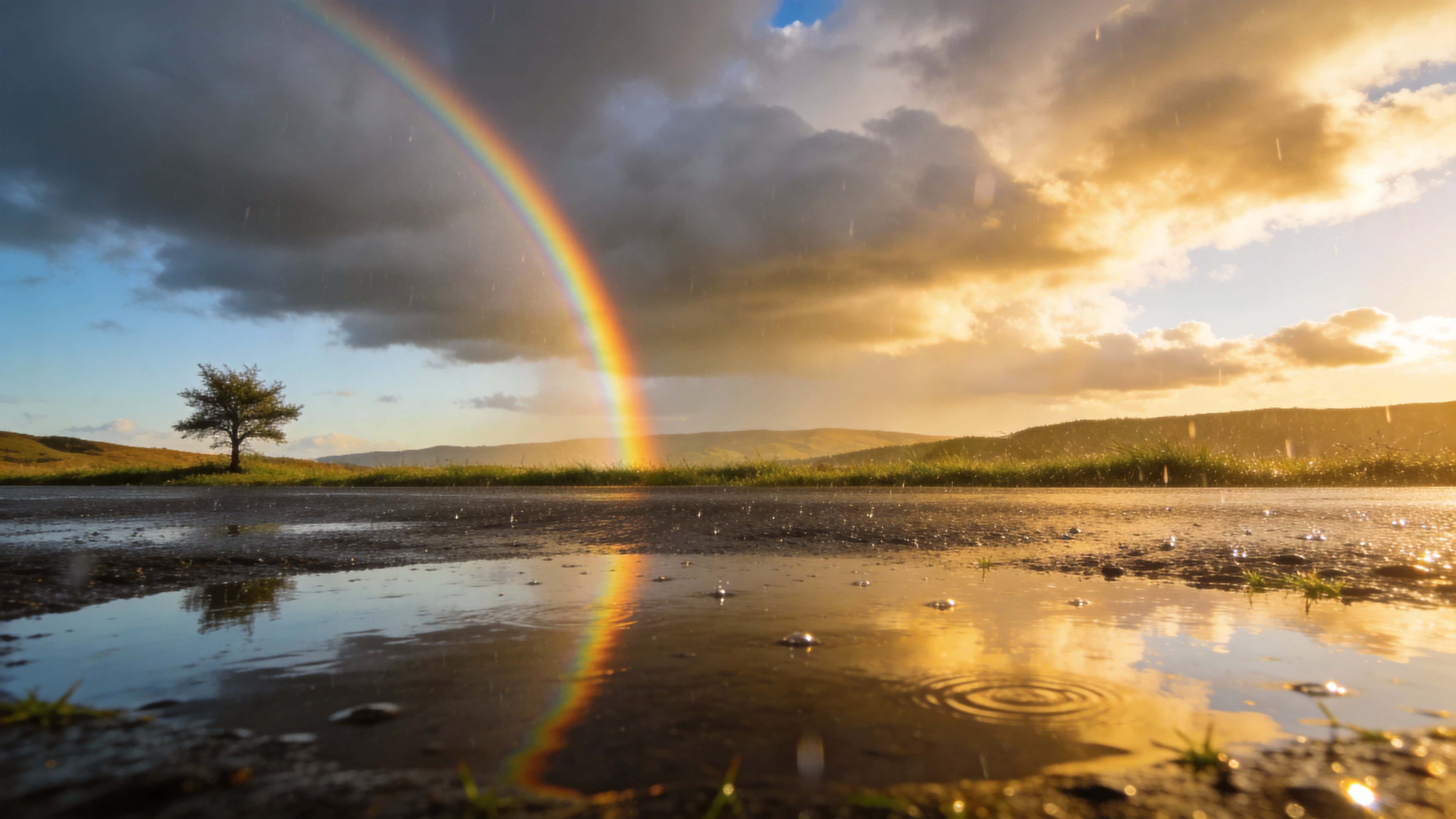 A 16:9 landscape photograph of a rainbow forming after heavy rain, with wet foreground reflections, low sun rim light, and clearing storm clouds for wallpaper use.