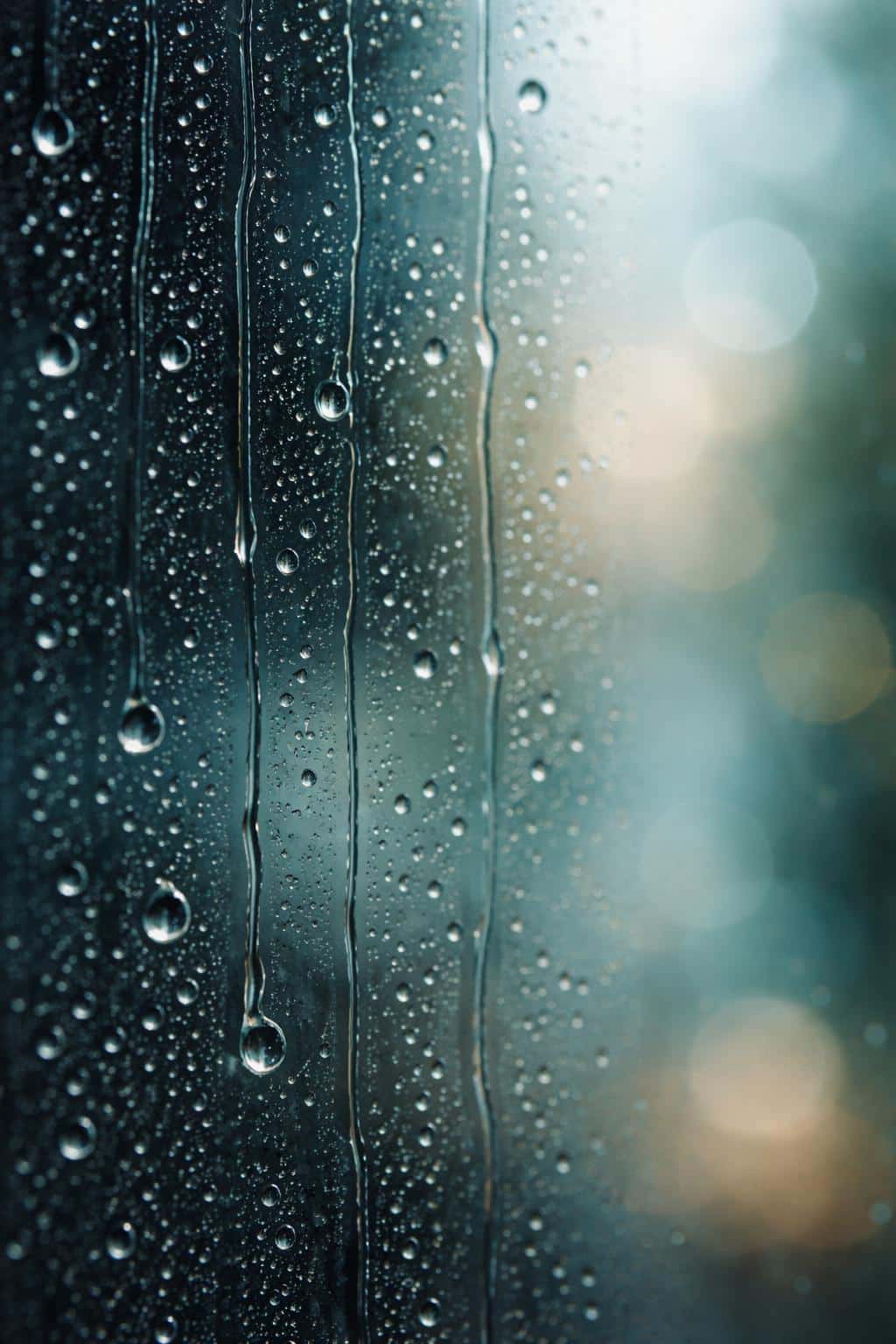 Close-up study of raindrops on vertical glass in macro photography style with a soft blurred background, composed for a 2:3 portrait aspect ratio.