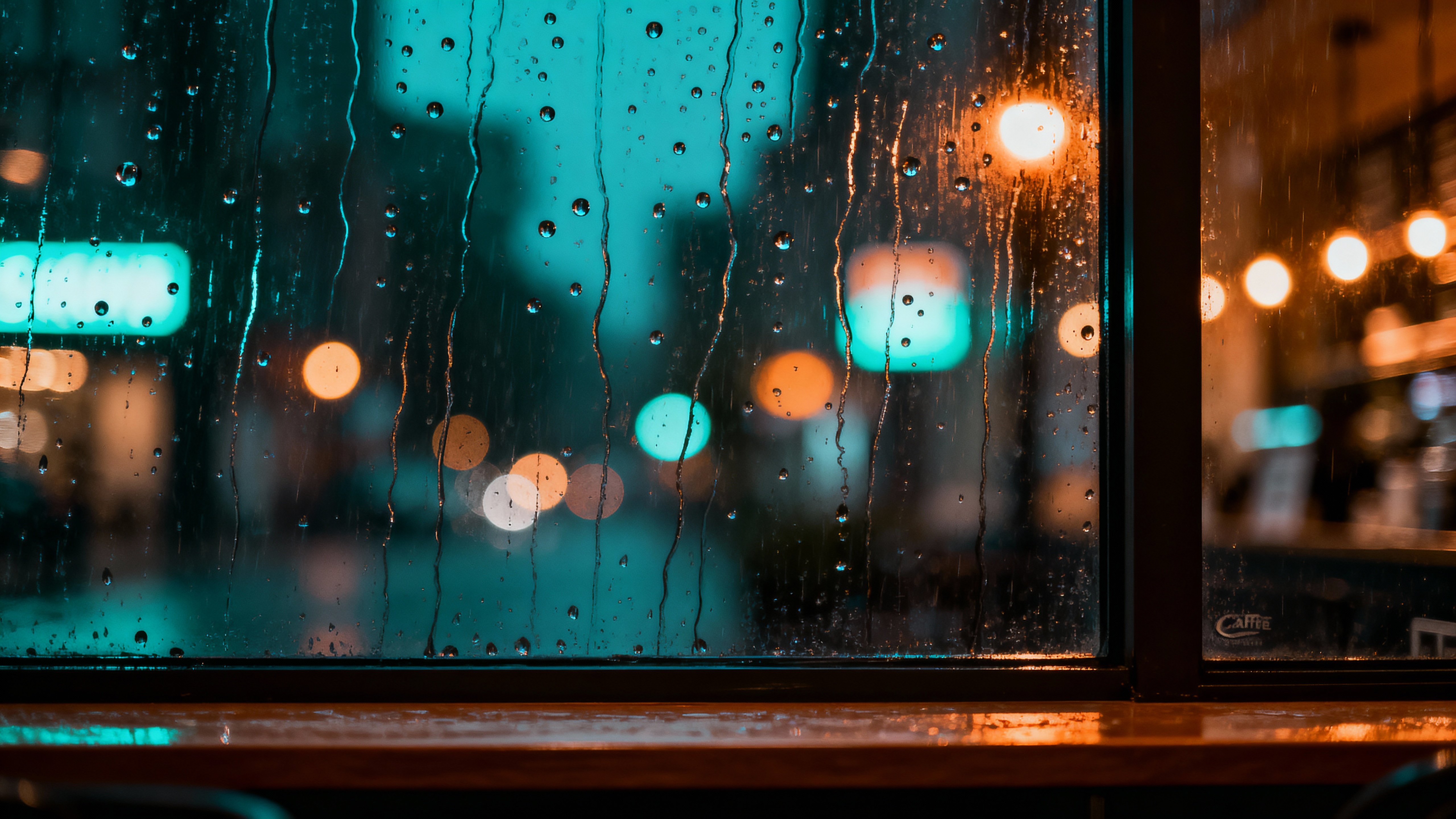 A rain-streaked café window with mid-density droplets and soft bokeh city lights, moody teal and warm amber reflections (#0ABAB5, #FFB347) with deep-navy and slate-gray ambience (#0B2036, #536174, #F6F7F8).