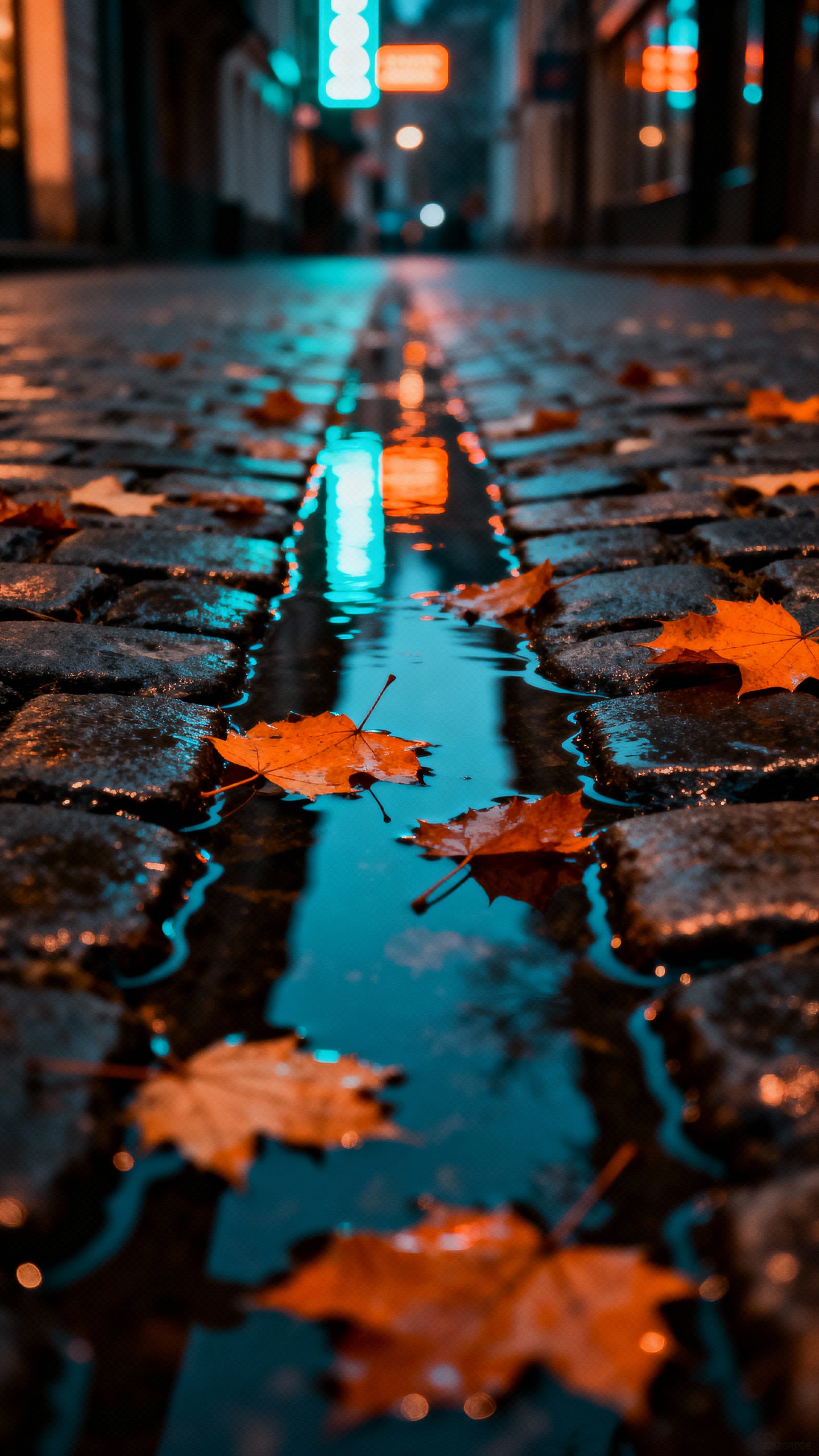 A low-angle autumn city street after rain with neon reflections on wet cobblestones, scattered orange leaves, moody dusk glow, shallow depth of field and bokeh signs in the upper third, finished with a subtle teal/orange cinematic grade.