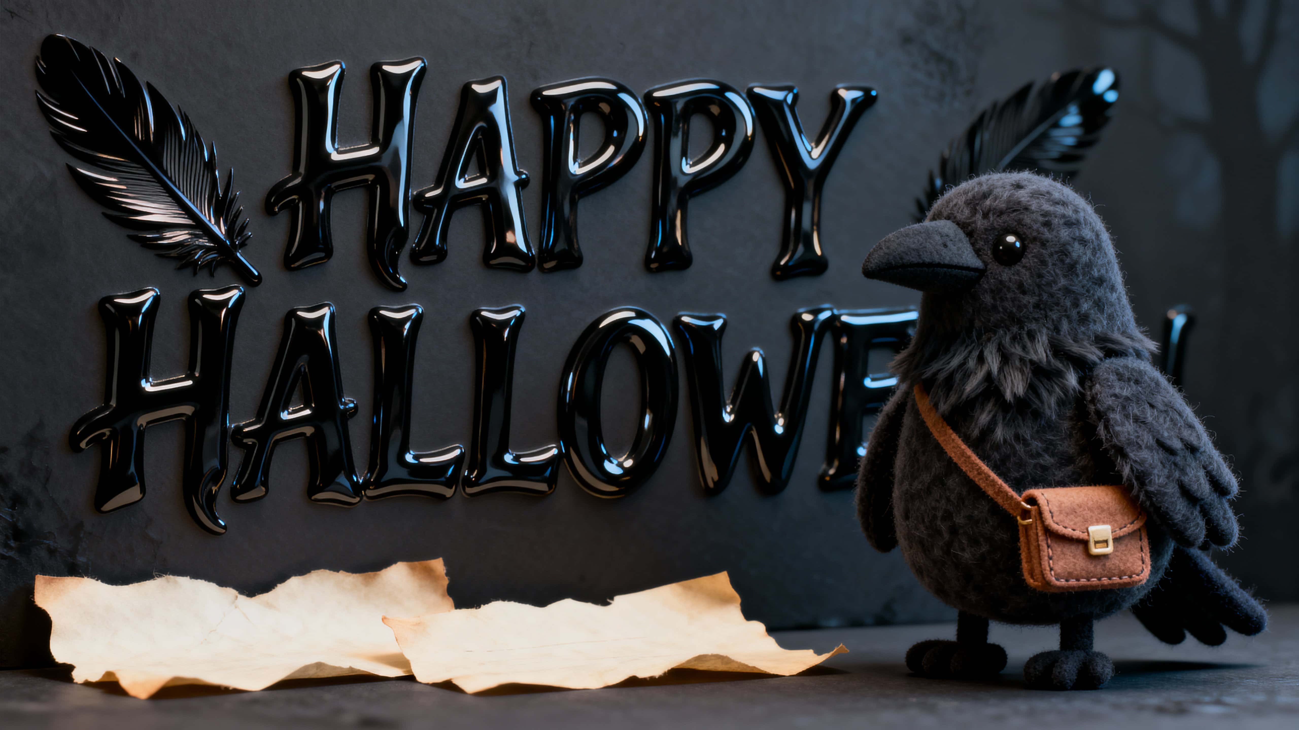 Photo-real 16:9 render of raised lacquer 'HAPPY HALLOWEEN' as glossy deep-black strokes with feathered striations, a faux-fur charcoal raven front-right with parchment props, cool blue rim and warm tan highlight, framed for card-safespacing