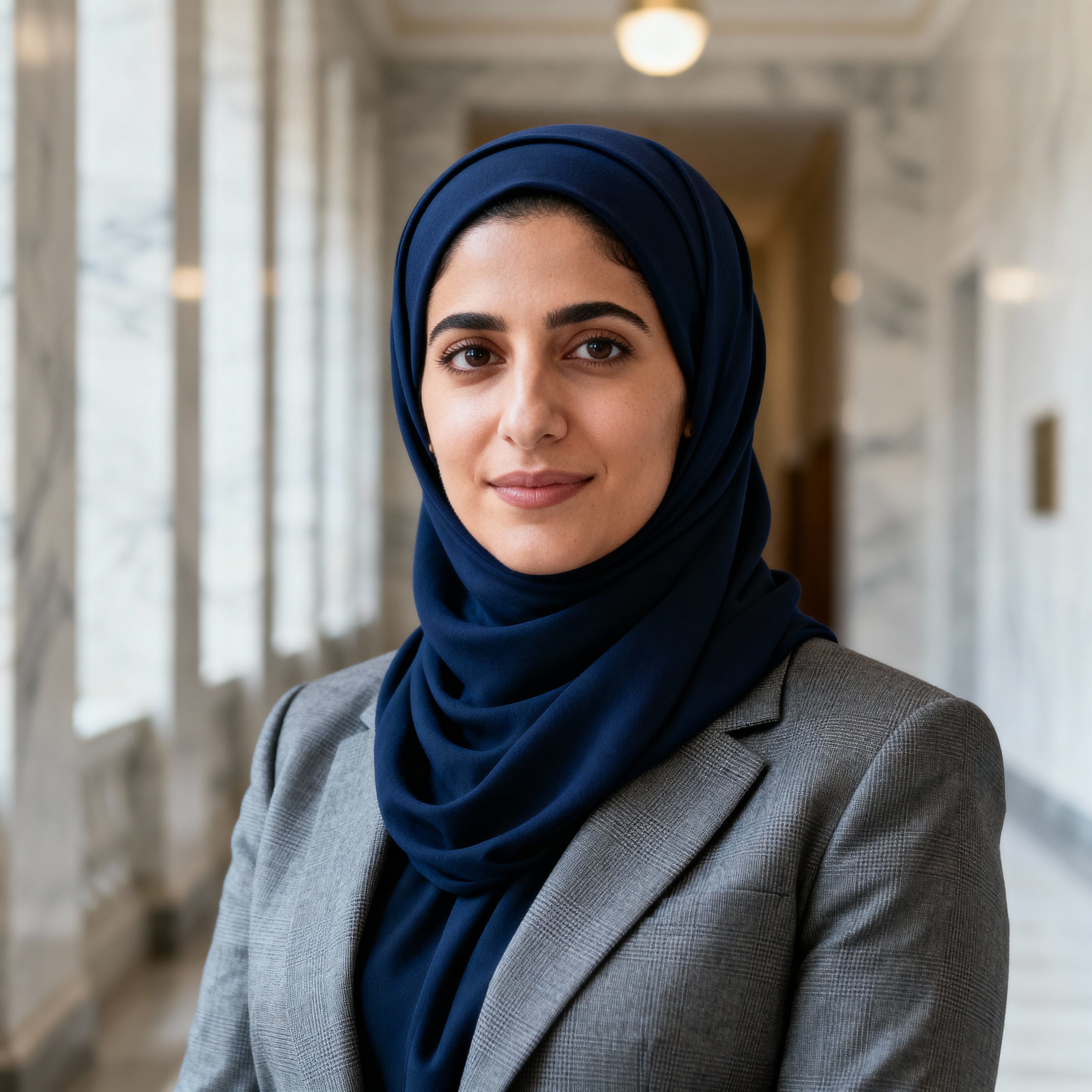Headshot of Rana Saleh, 35, Arab American civil rights attorney in a tailored charcoal blazer and navy hijab; composed, direct gaze, warm-beige skin and soft-gold catchlight against a blurred marble-white corridor.