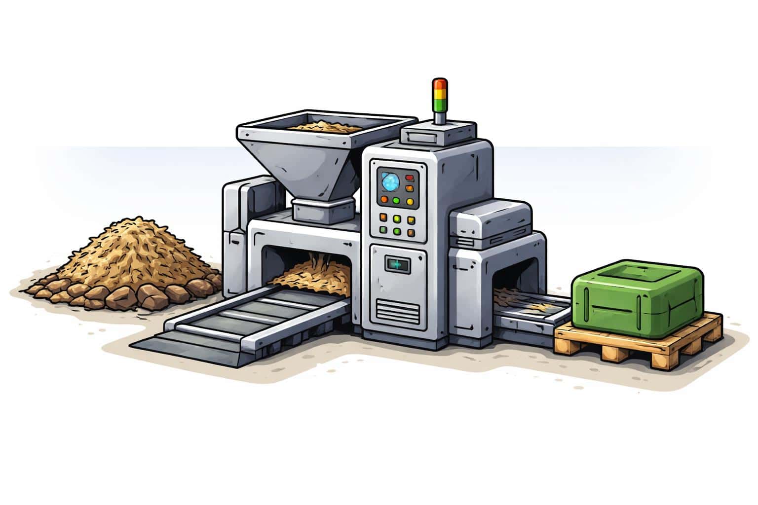 Side‑view diagram of raw materials entering a machine and the finished product exiting, rendered as a clean vector poster composition with a 3:2 crop guide.