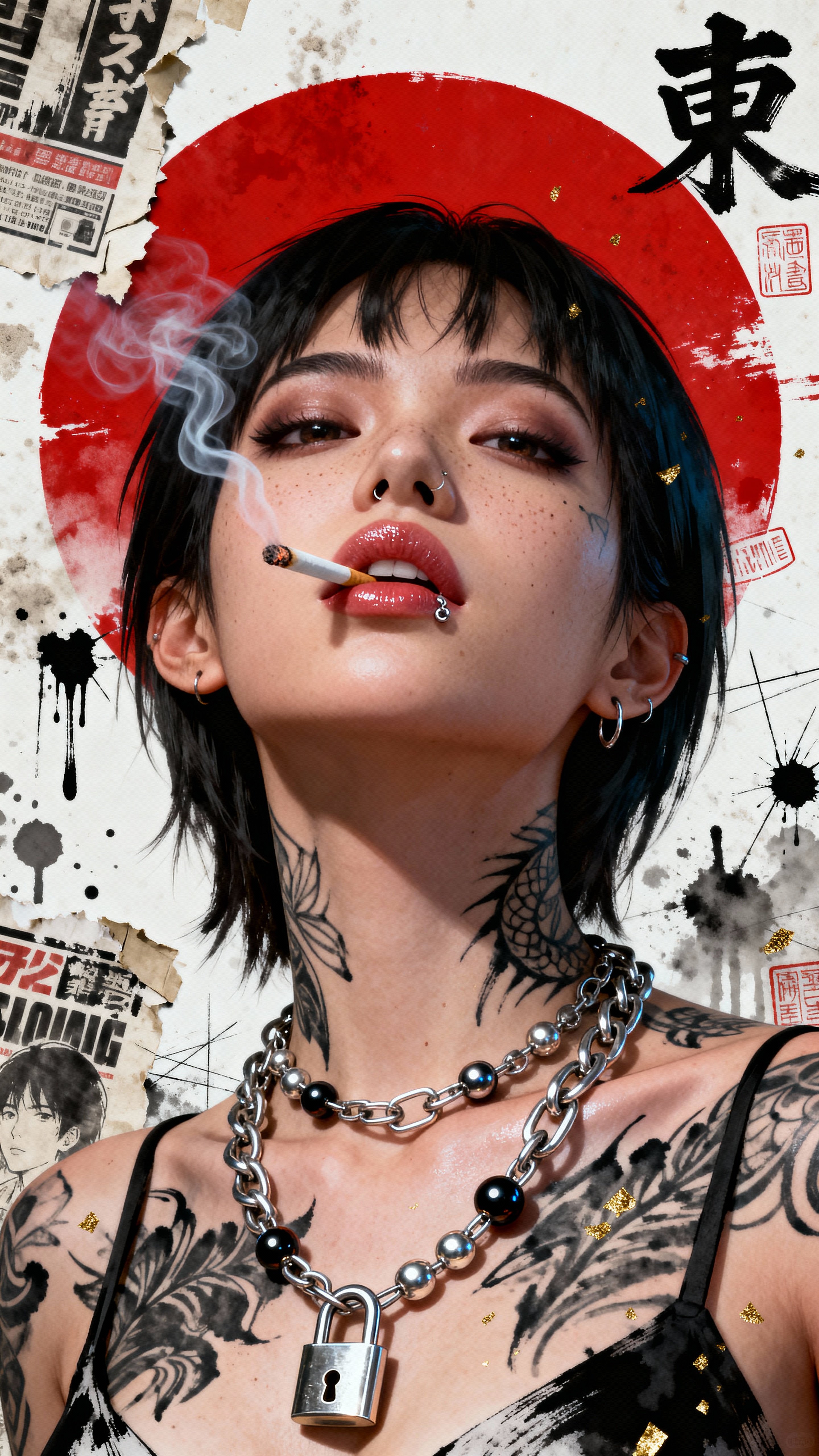 Hyperdetailed manga-inspired 3D portrait poster of a defiant young woman leaning back with chin raised, intended as a cinematic keyframe for poster display, 4K fidelity preserved.