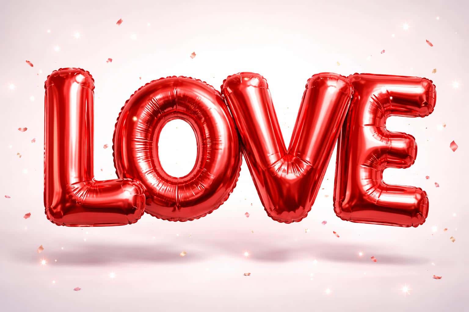 Cinematic 3:2 landscape render of high-gloss metallic red foil balloons shaped into the word LOVE, centered against a clean soft white studio background.