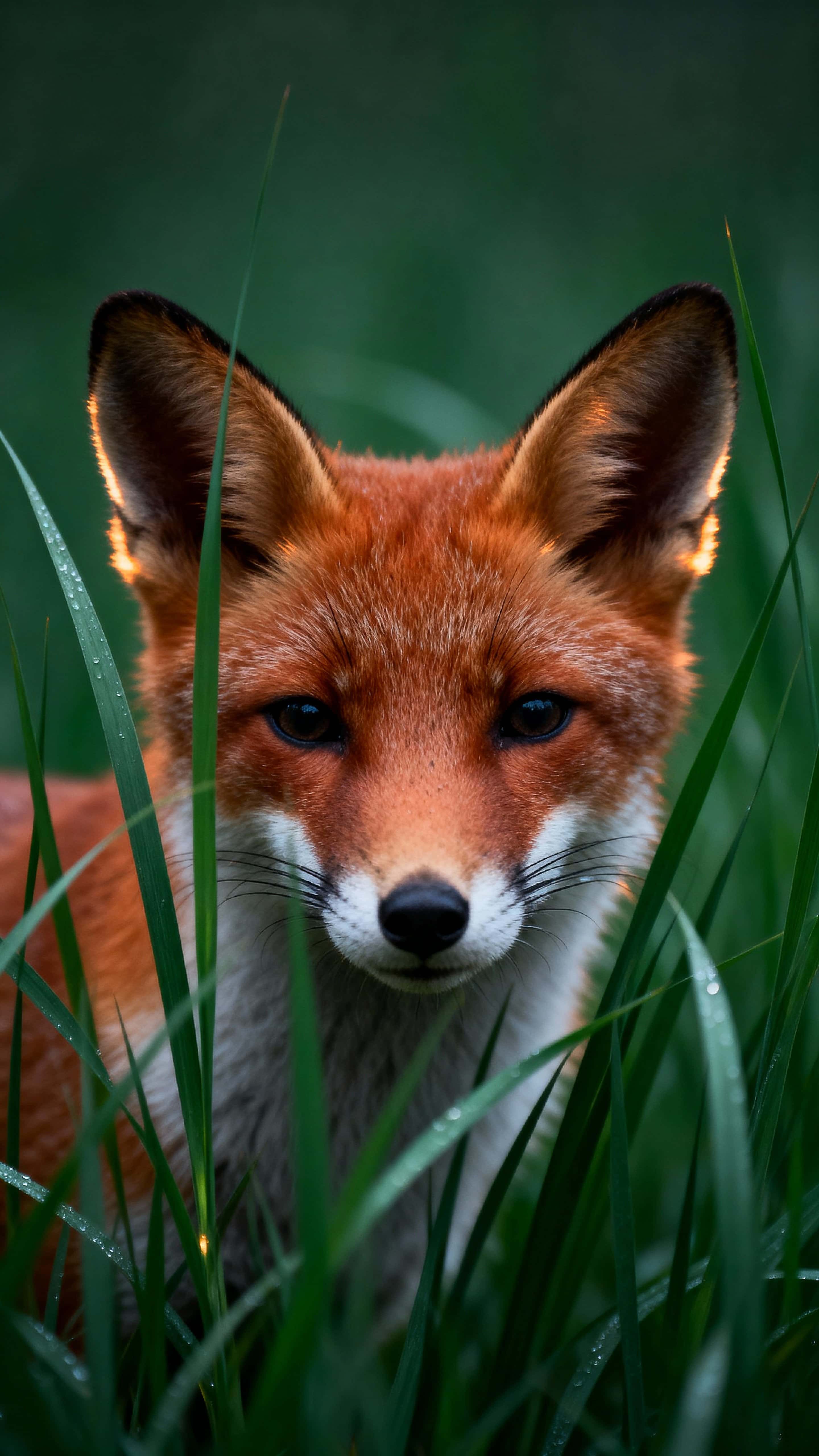 A red fox peers through dense emerald grass in a compact vertical frame, its face warmed by soft green light and crisp eyes creating a peaceful wallpaper mood.