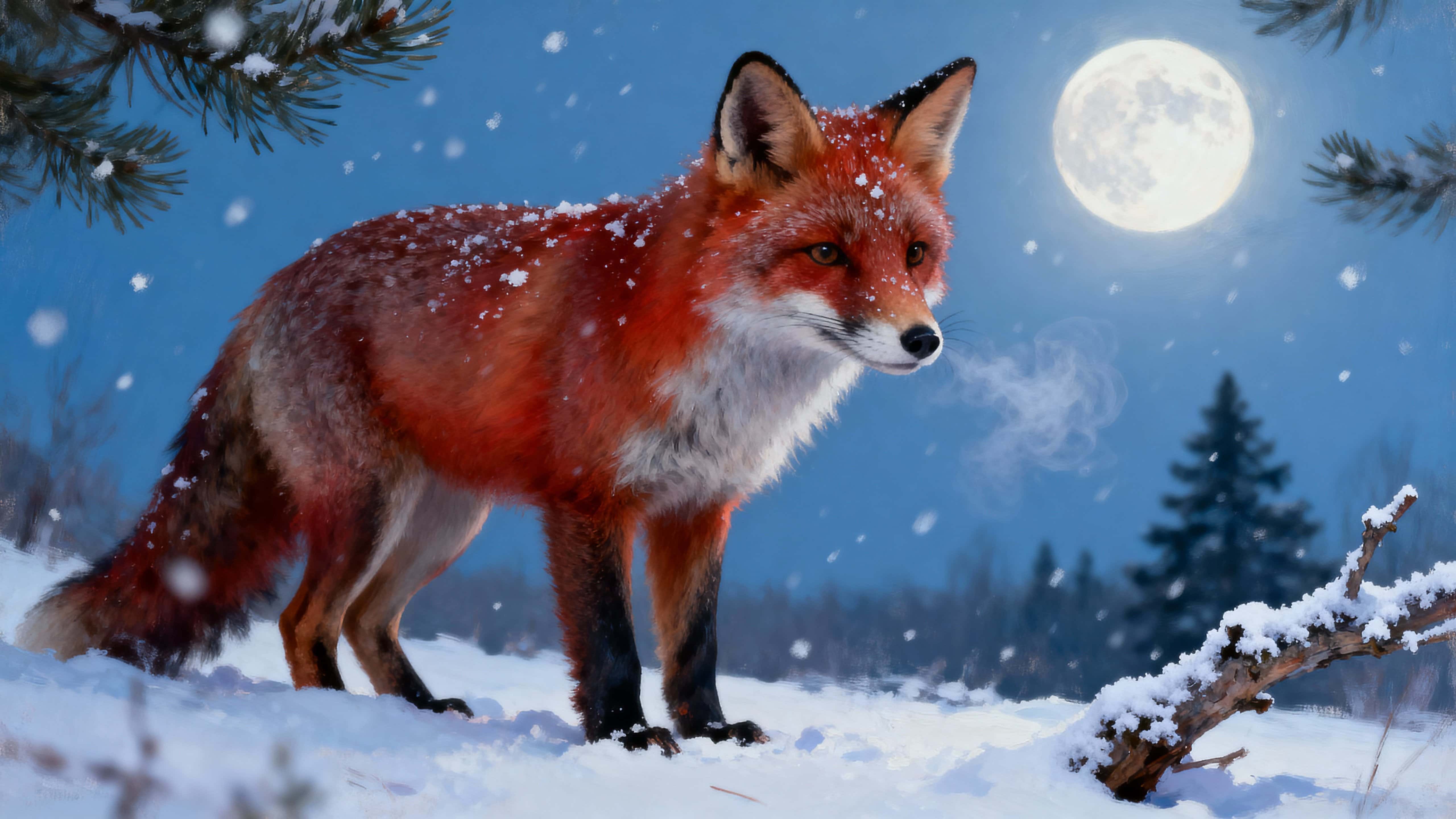 A red fox stands in deep winter snow under cool moonlight, snowflakes resting on its fur and breath visible in the cold air, creating a quiet, crystalline moment.