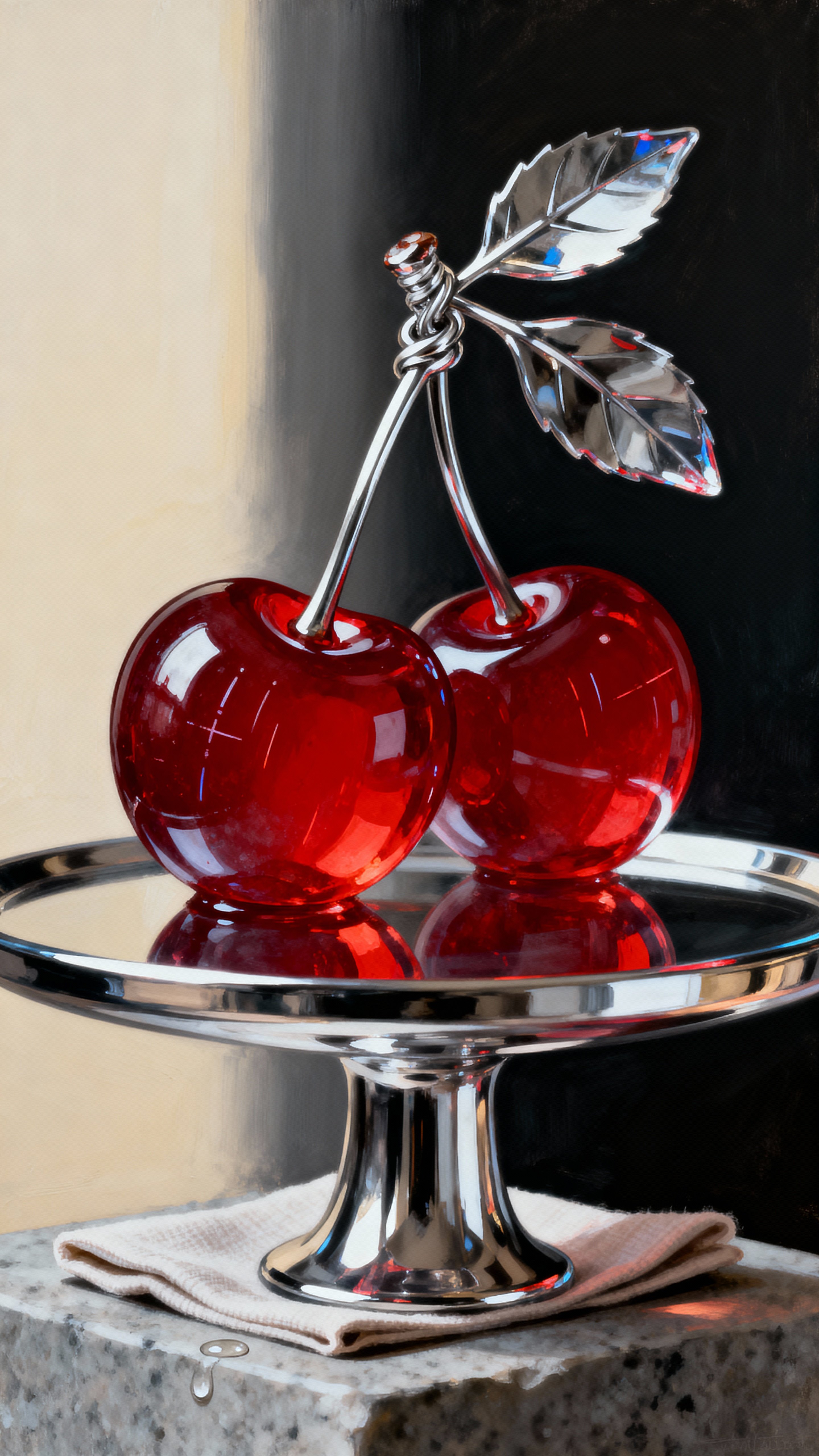 Two perfectly round transparent red glass cherries linked by gleaming metallic chrome stems and leaves, rendered vertically in a 9:16 crop with a refined, reflective still-life mood.