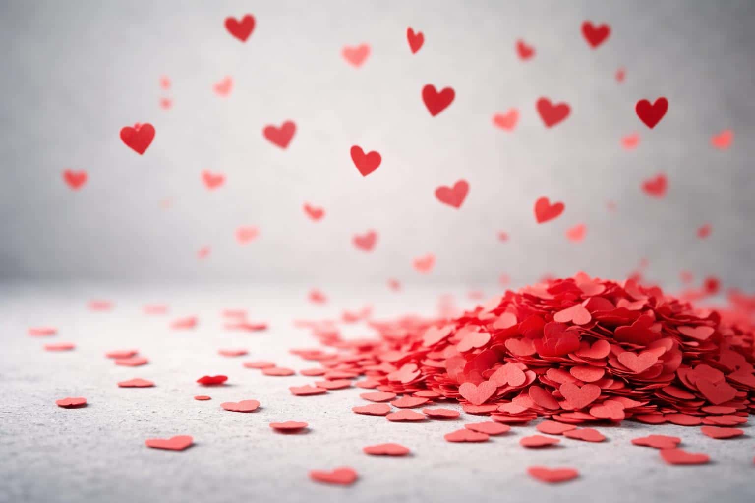 Close-replica still-life of scattered red heart confetti on a cool gray surface, photographed as a low-angle product/still-life composition for wallpaper or poster use.