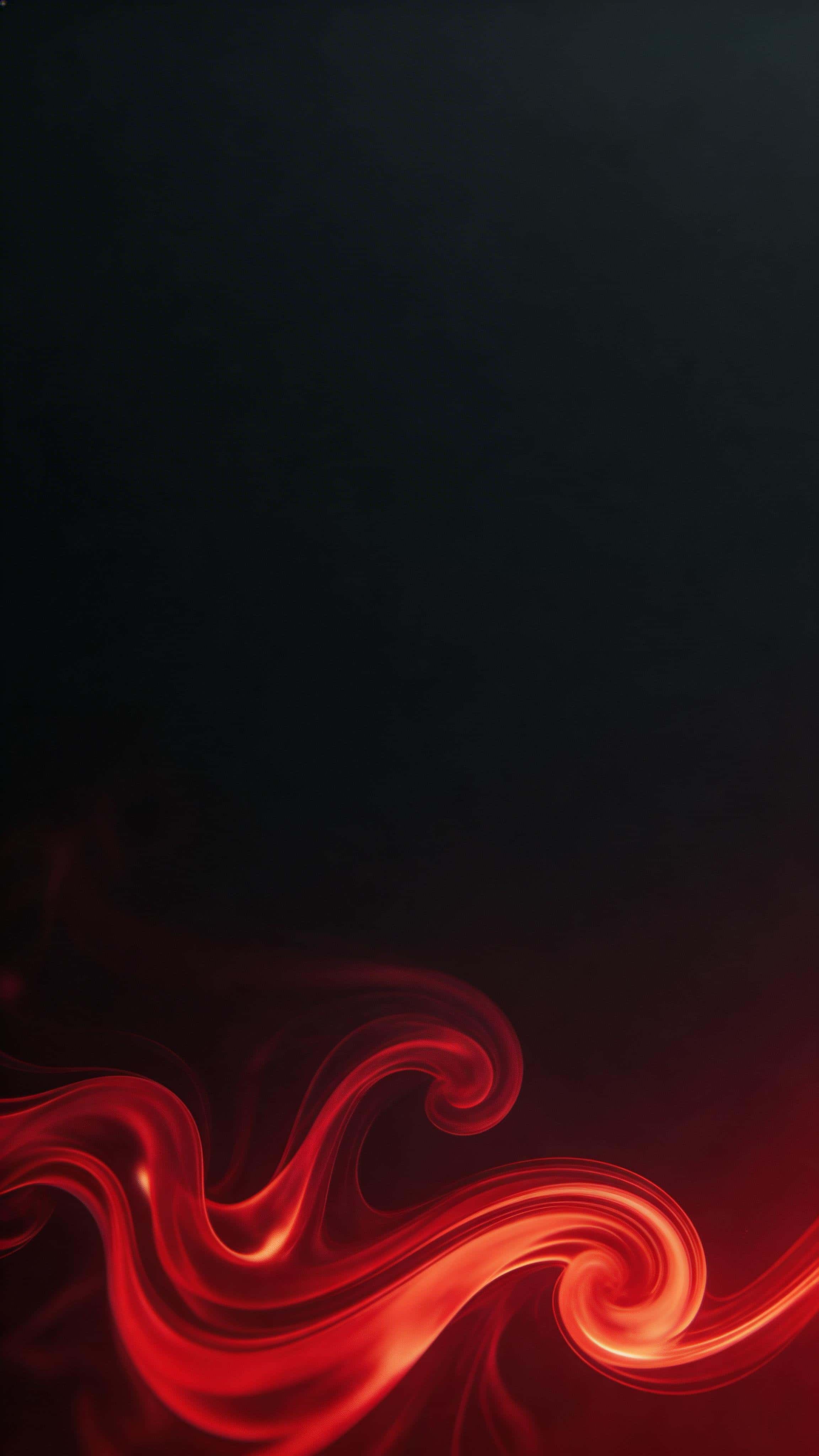 Abstract 9:16 vertical wallpaper of red ink ribbons swirling in dark liquid, with the main swirl anchored in the lower third, a clean darker top area and subtle highlight bloom.