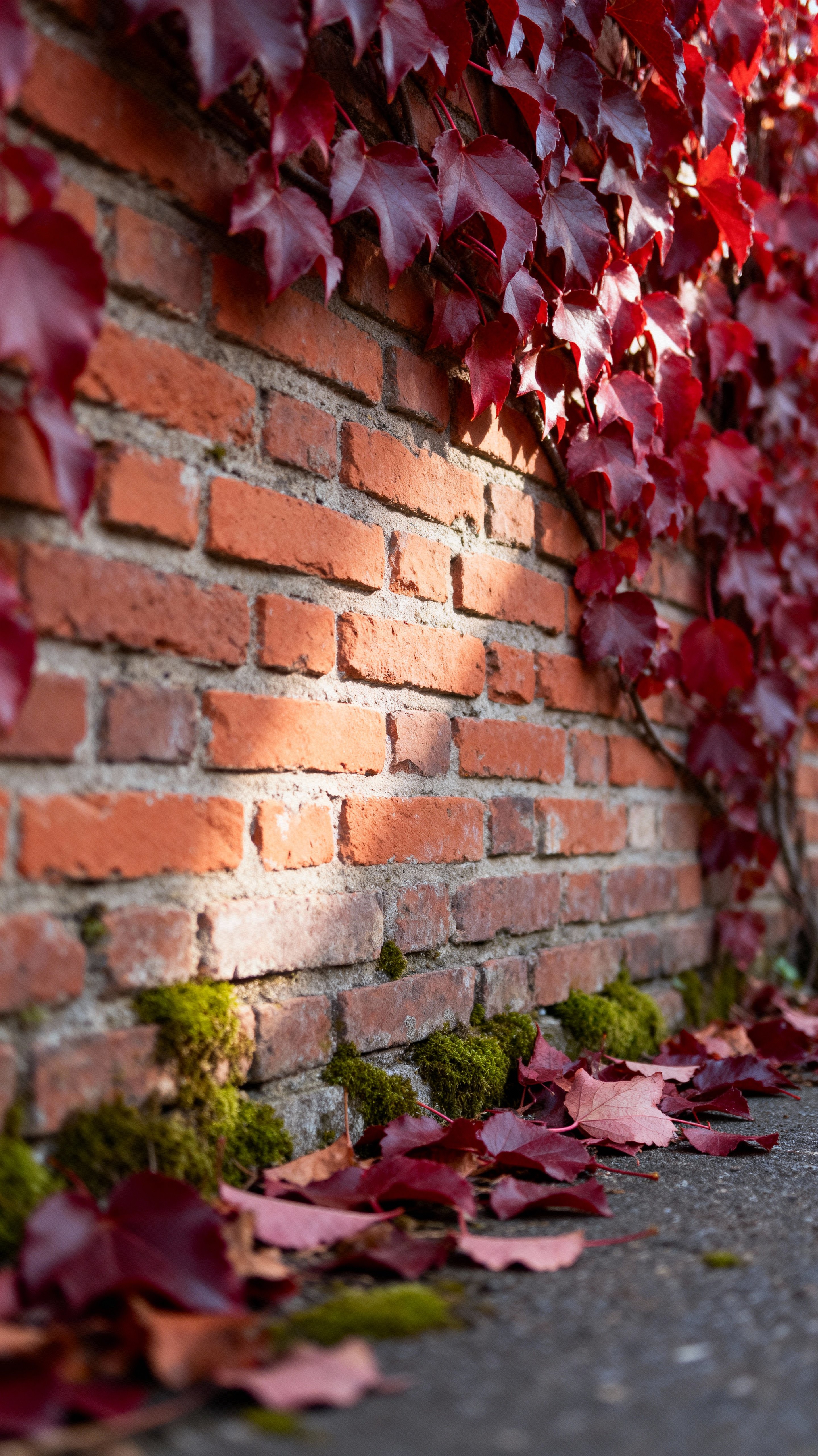Vertical photograph of an old brick wall draped in crimson ivy and fallen leaves, shallow DOF with side lighting, matte plant texture and a soft blur across the top 25%, palette brick red, burgundy, terracotta, moss.