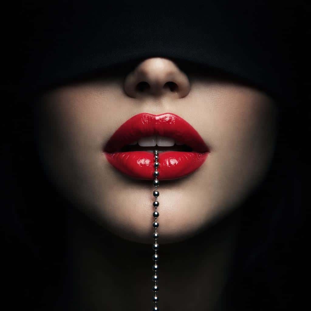 Close-up portrait of a blindfolded face with glossy red lips holding a dangling beaded chain, shot as a square editorial photograph with dramatic low-key lighting.