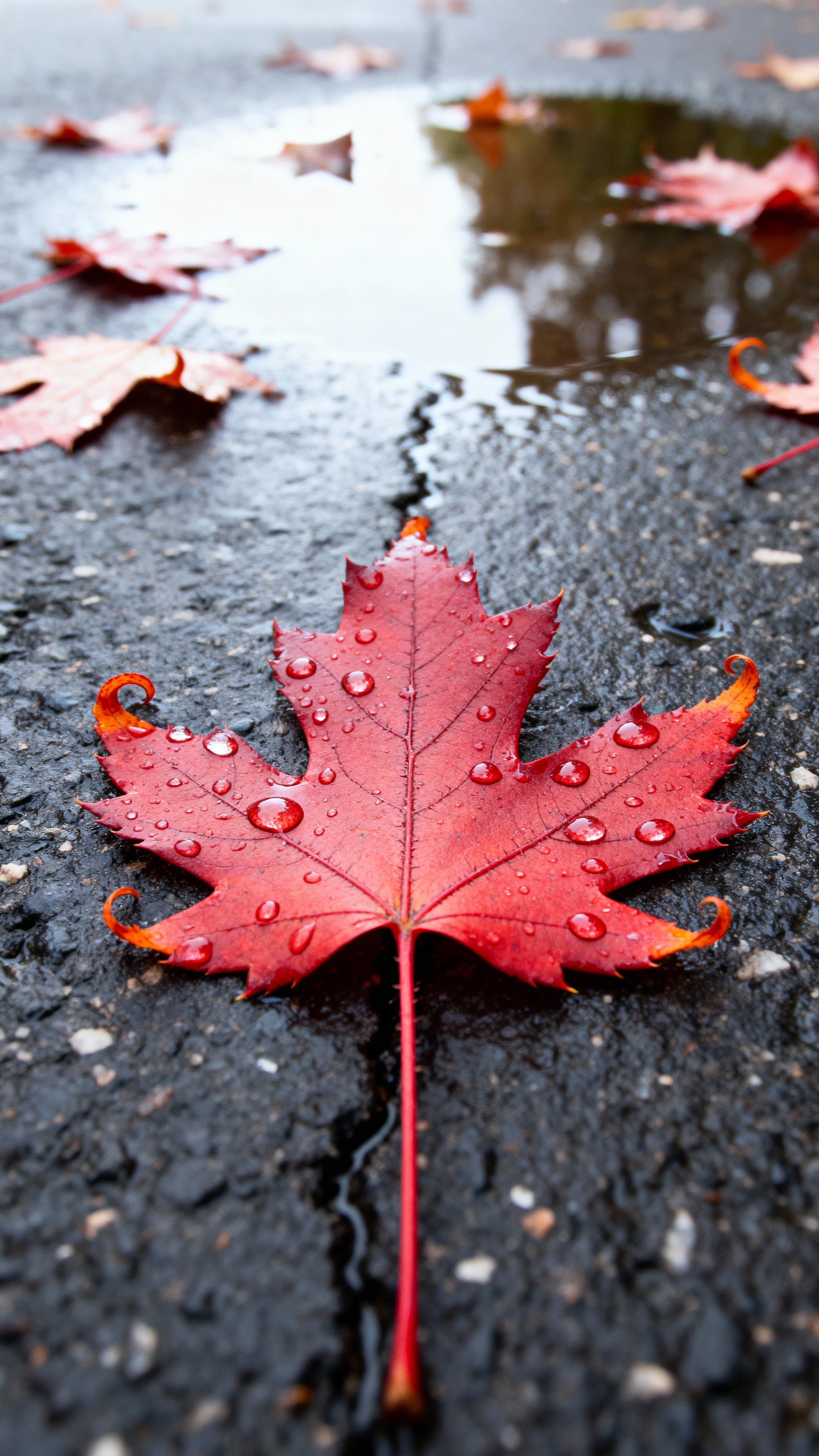 Close-up macro of a vibrant red maple leaf resting on wet asphalt after rain, with glistening droplets, shallow depth of field, moody reflections, and vertical central alignment.