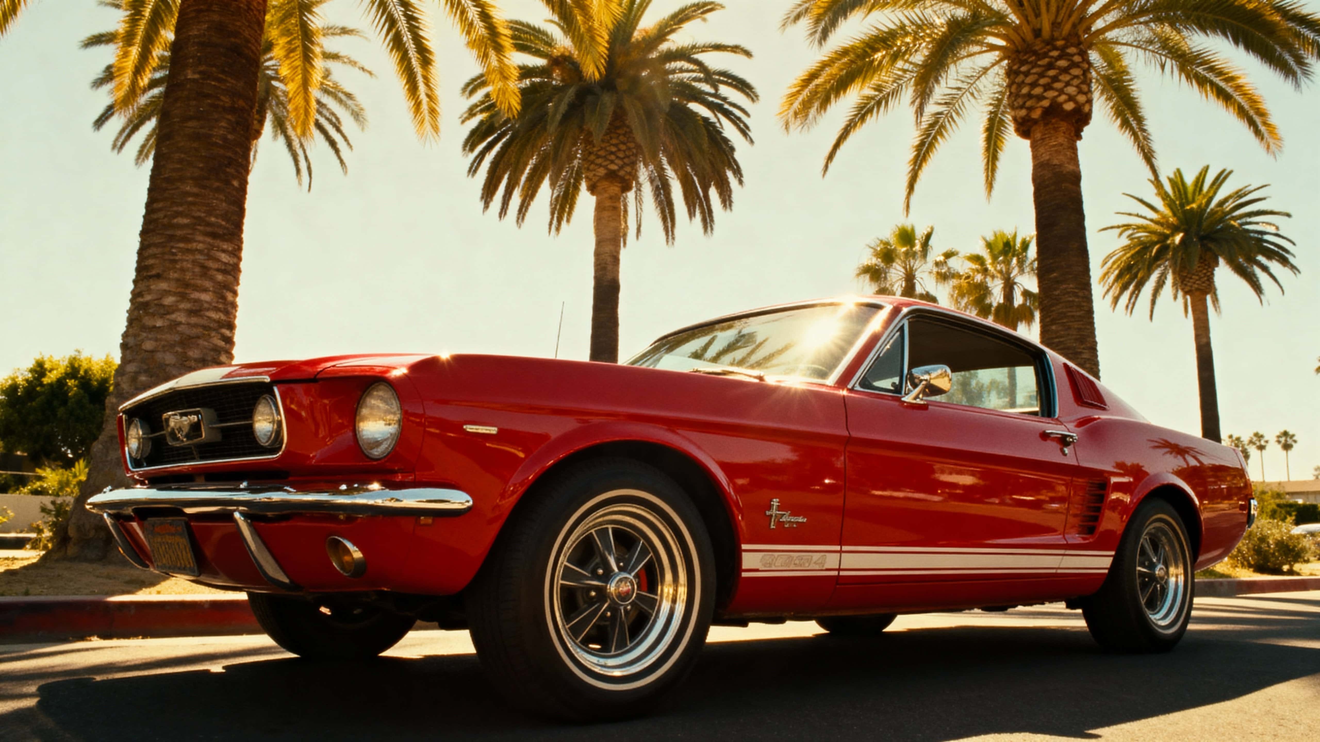 A classic red Mustang parked beneath swaying palm trees in a sunlit 16:9 cinematic 1980s California summer scene, chrome reflections gleaming and nostalgic realism in a low three-quarter view.
