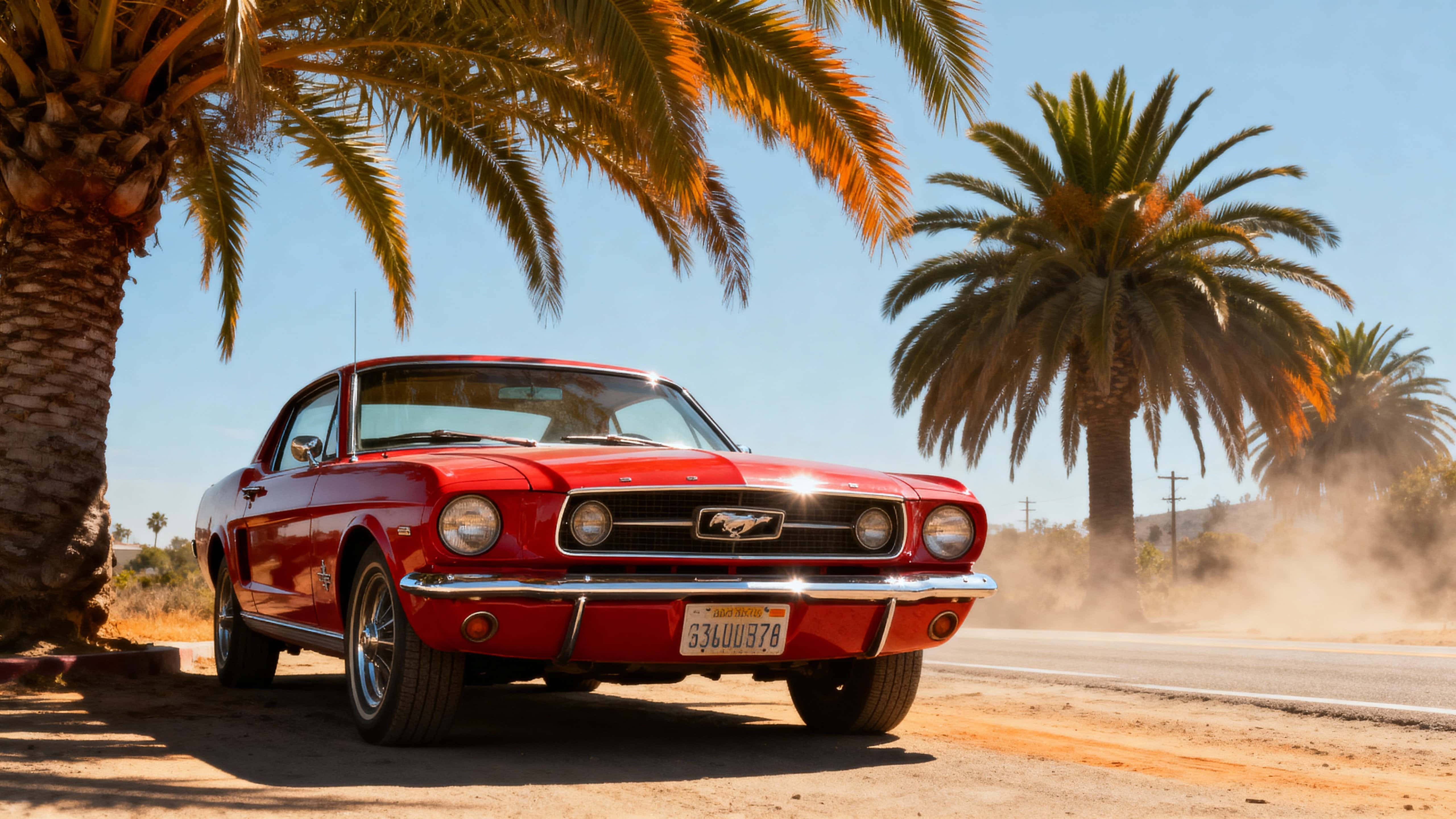 A classic red Mustang parked beneath swaying palm trees in a sunlit 16:9 cinematic 1980s California summer scene, chrome reflections gleaming and nostalgic realism in a low three-quarter view.