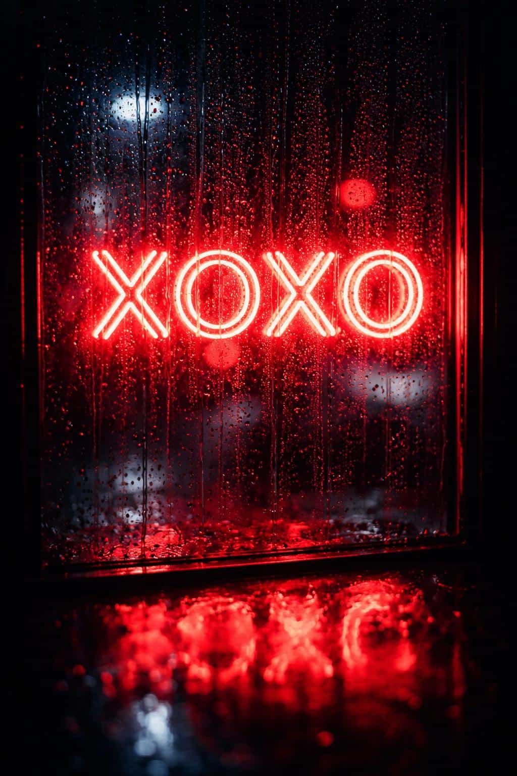 Vertical 2:3 cyberpunk night scene of a red 'XOXO' neon sign seen through fresh raindrops, streaked reflections and bokeh against near-black surroundings.
