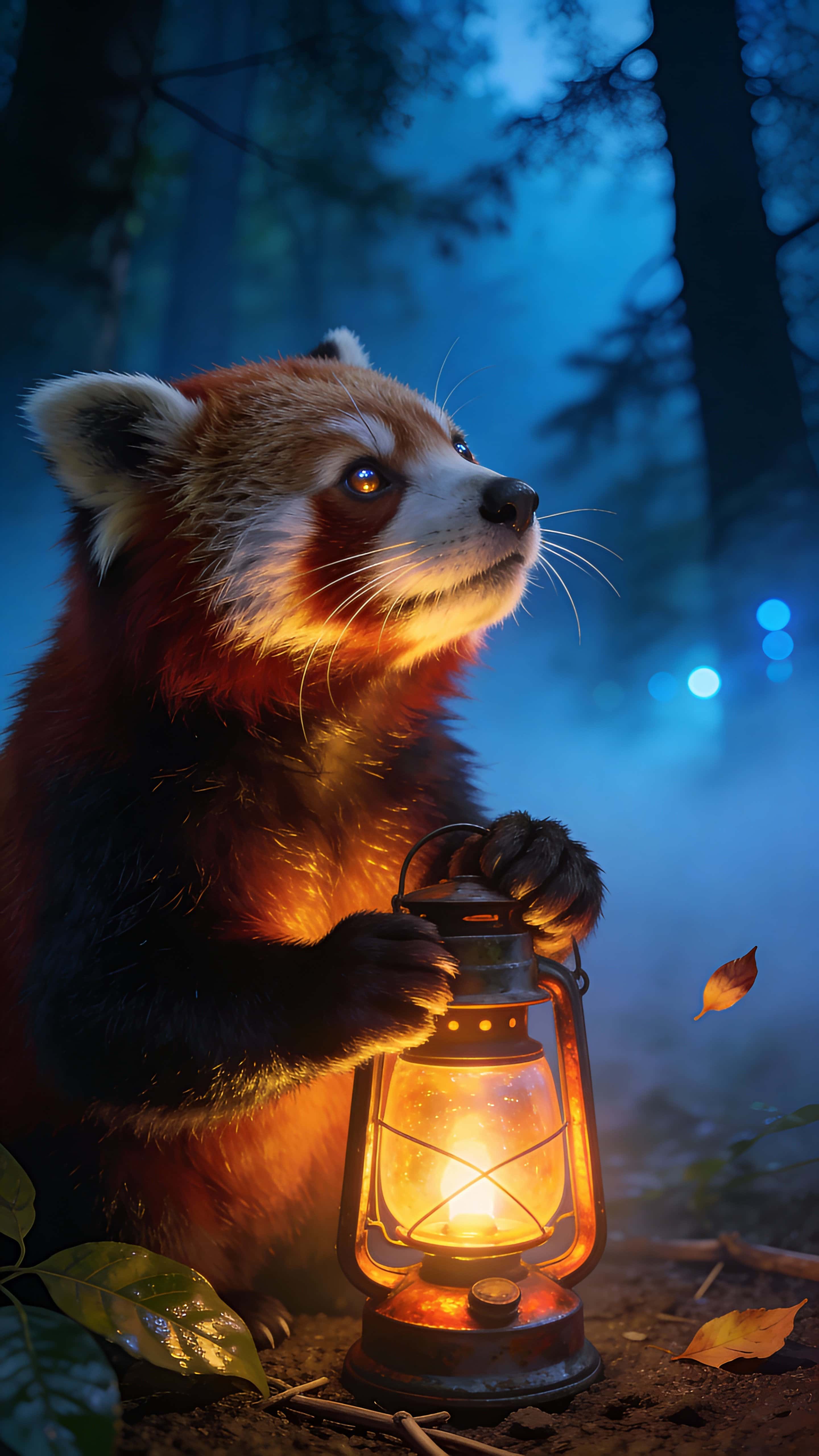 Photoreal vertical portrait of a red panda clutching a glowing lantern in a misty blue forest at twilight, warm light accenting realistic fur and textures.
